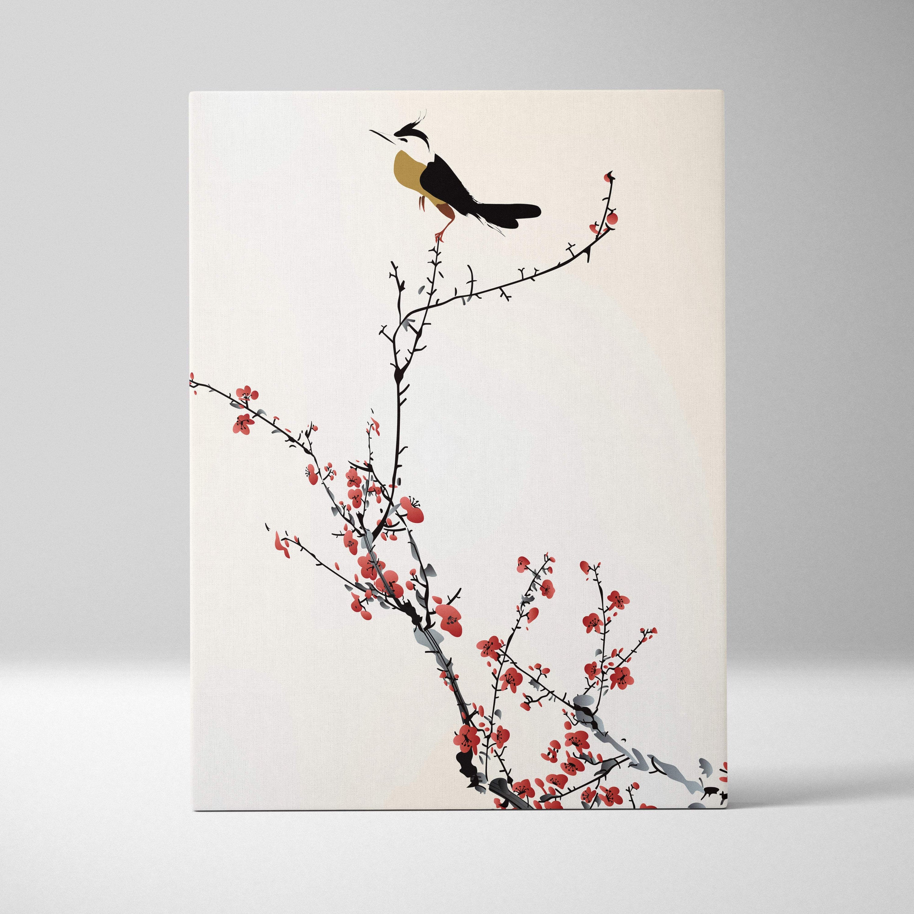 Minimalist red cherry blossom bird canvas wall art in asian ink style with black and soft red on off-white background