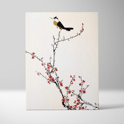 Minimalist red cherry blossom bird canvas wall art in asian ink style with black and soft red on off-white background
