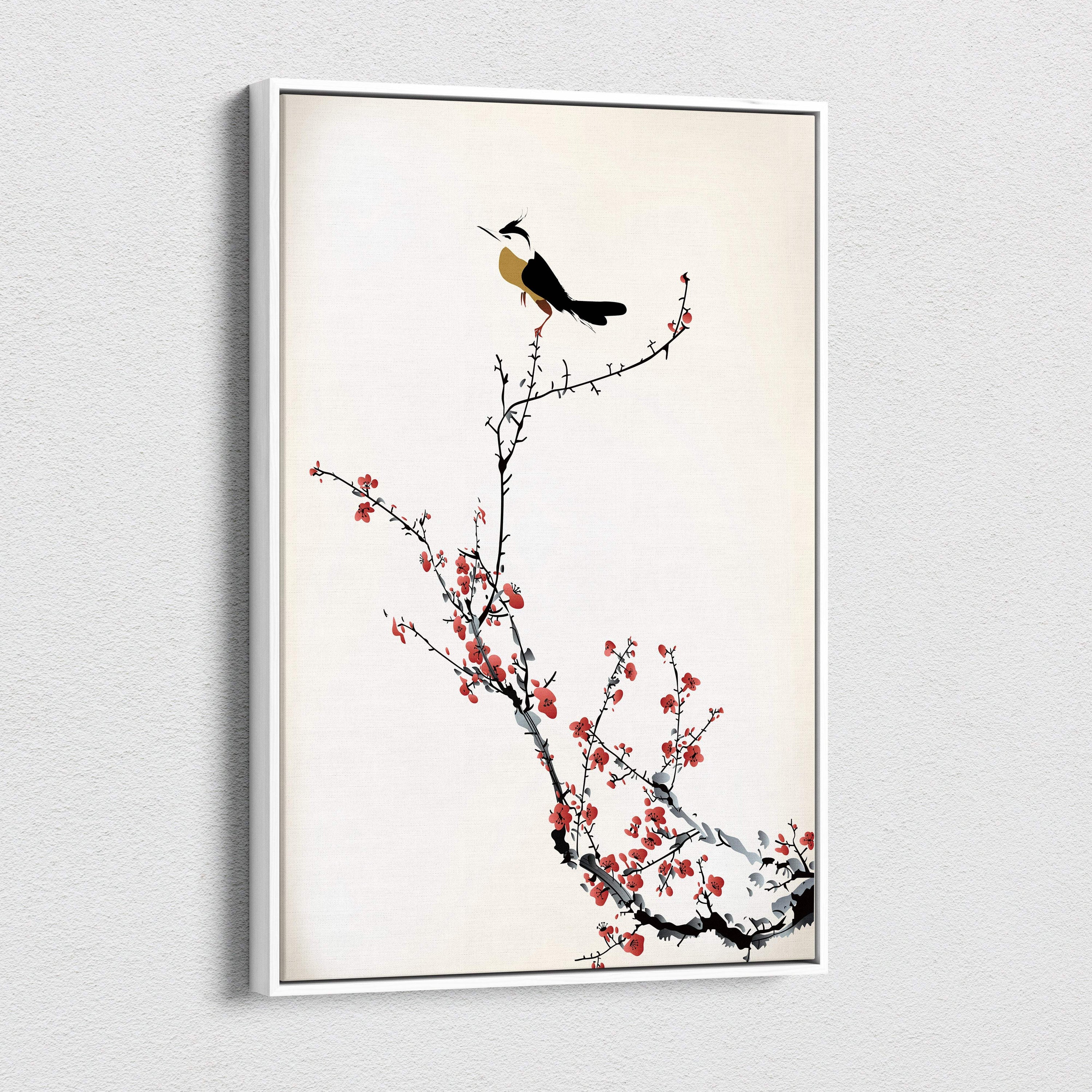 Red cherry blossom bird canvas wall art with minimalist asian ink painting style in black and soft red on off-white background