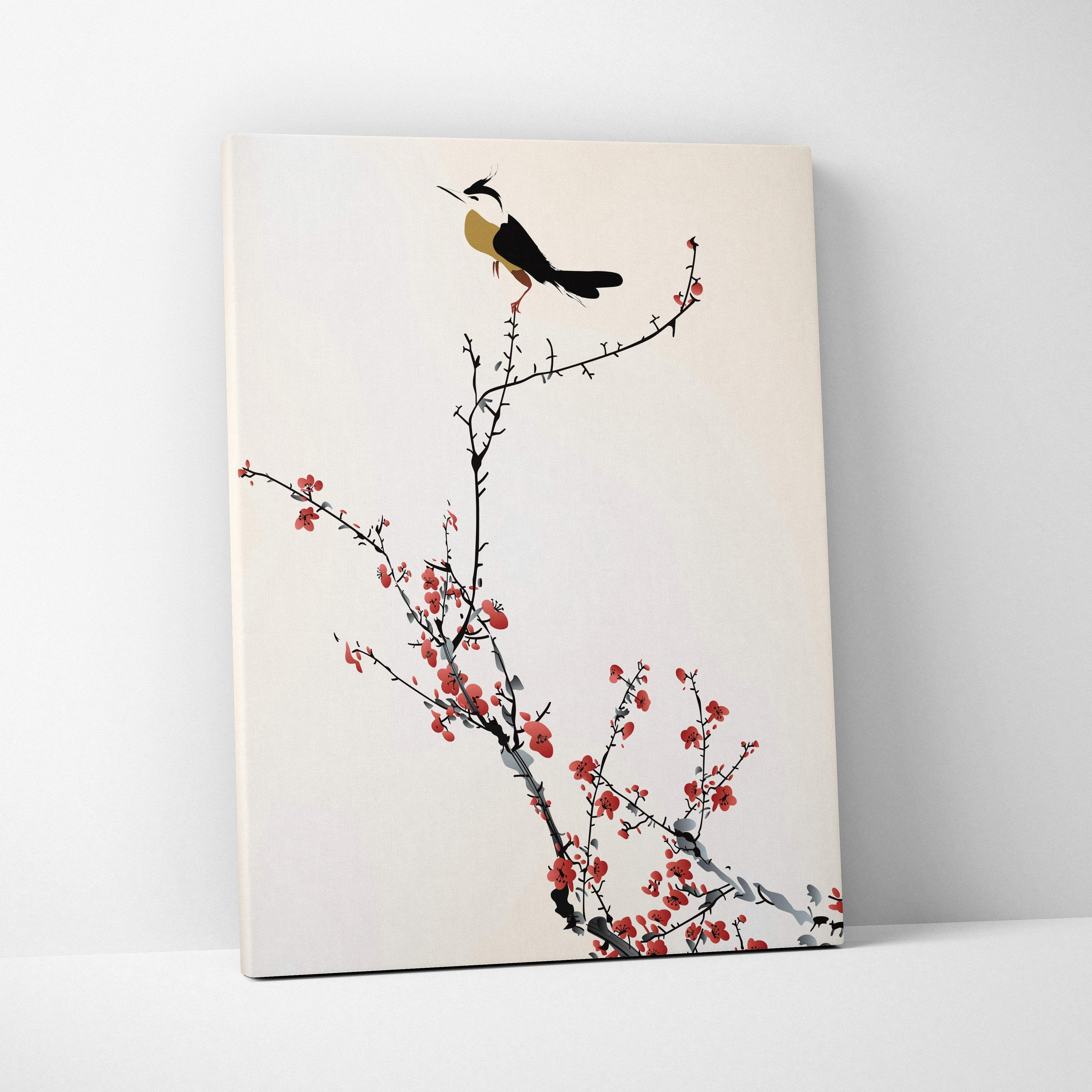 Red cherry blossom bird canvas wall art with black ink bird and vibrant red flowers on off-white minimalist background