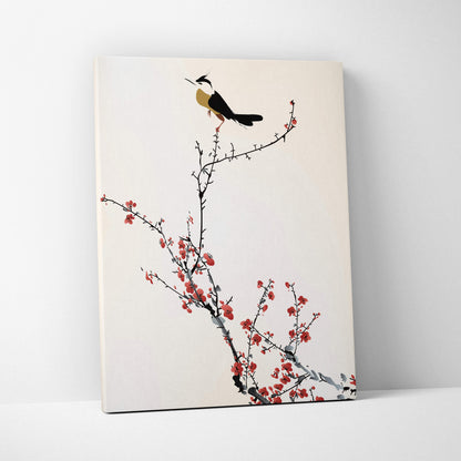 Red cherry blossom bird canvas wall art with black ink bird and vibrant red flowers on off-white minimalist background