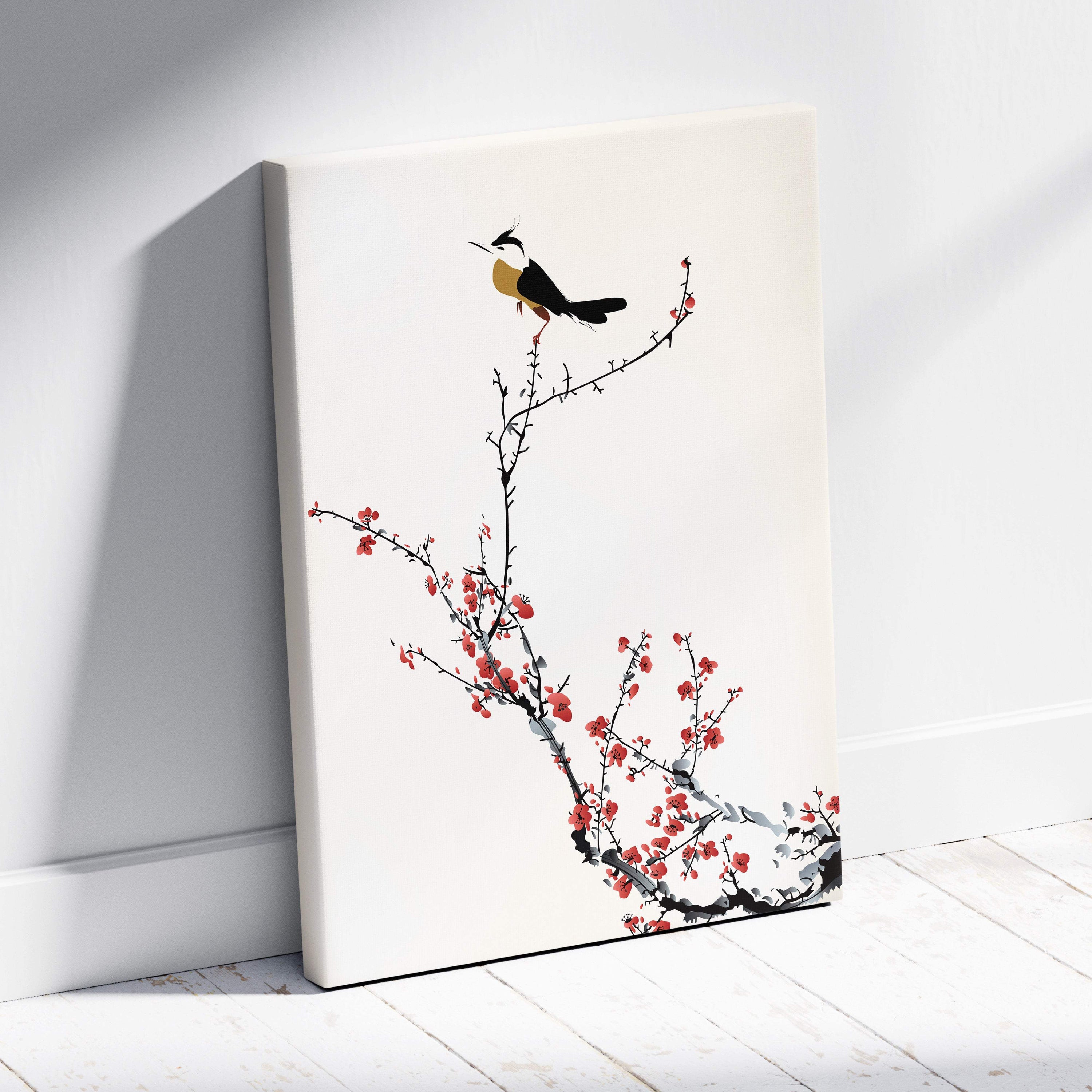 Red cherry blossom bird canvas wall art with black ink bird and vibrant red flowers on off-white minimalist background
