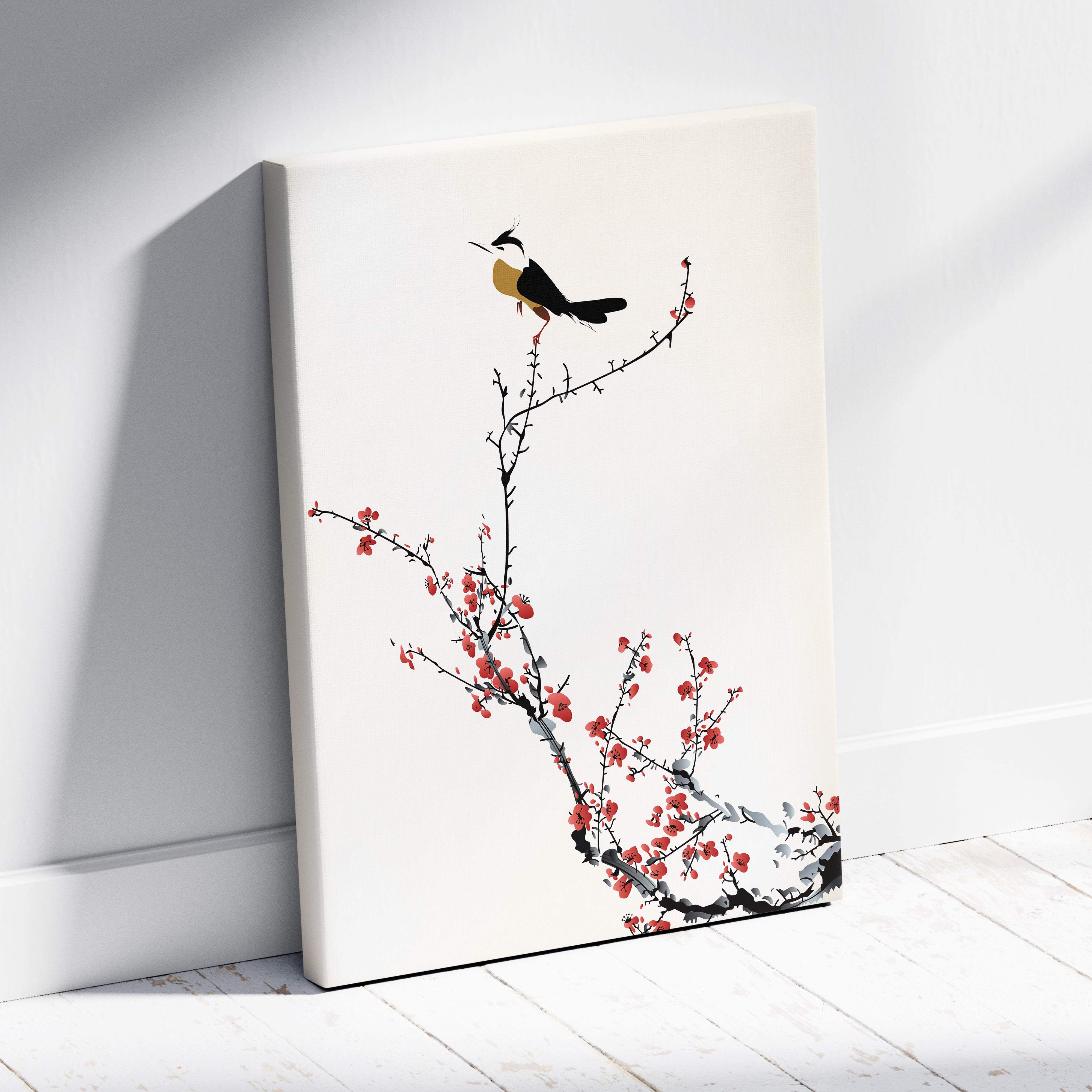 Red cherry blossom bird canvas wall art with black ink bird and vibrant red flowers on off-white minimalist background