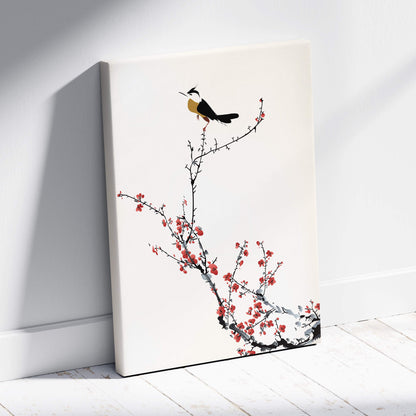 Red cherry blossom bird canvas wall art with black ink bird and vibrant red flowers on off-white minimalist background