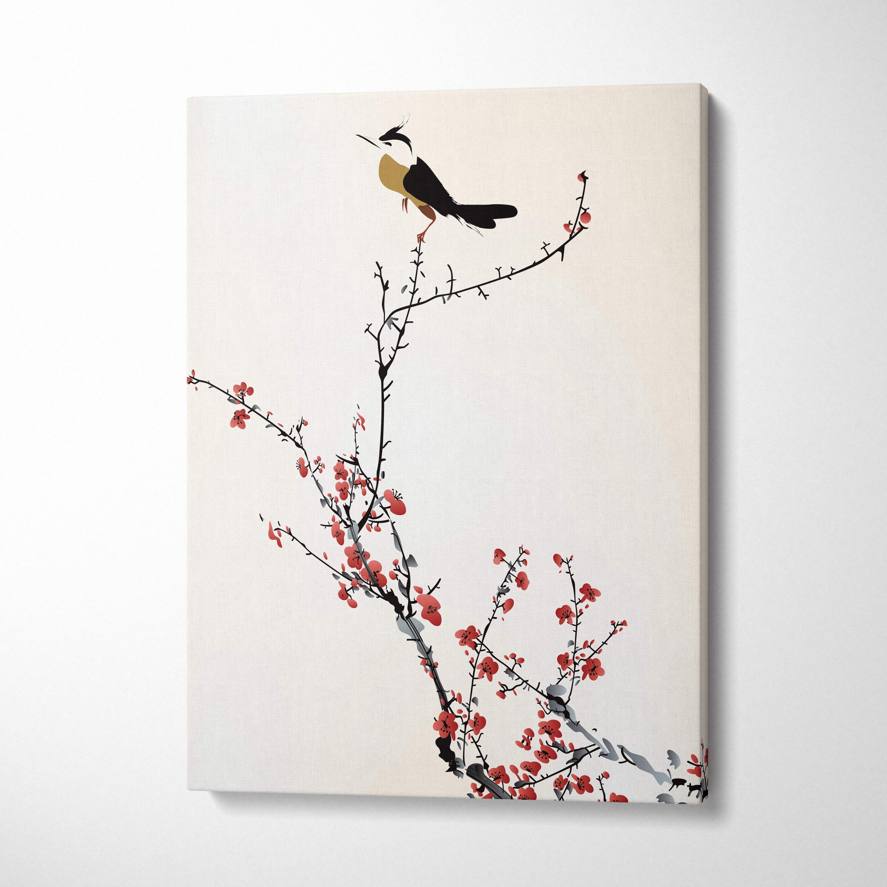 Red cherry blossom bird canvas wall art minimalist asian ink style black white yellow bird on red branches