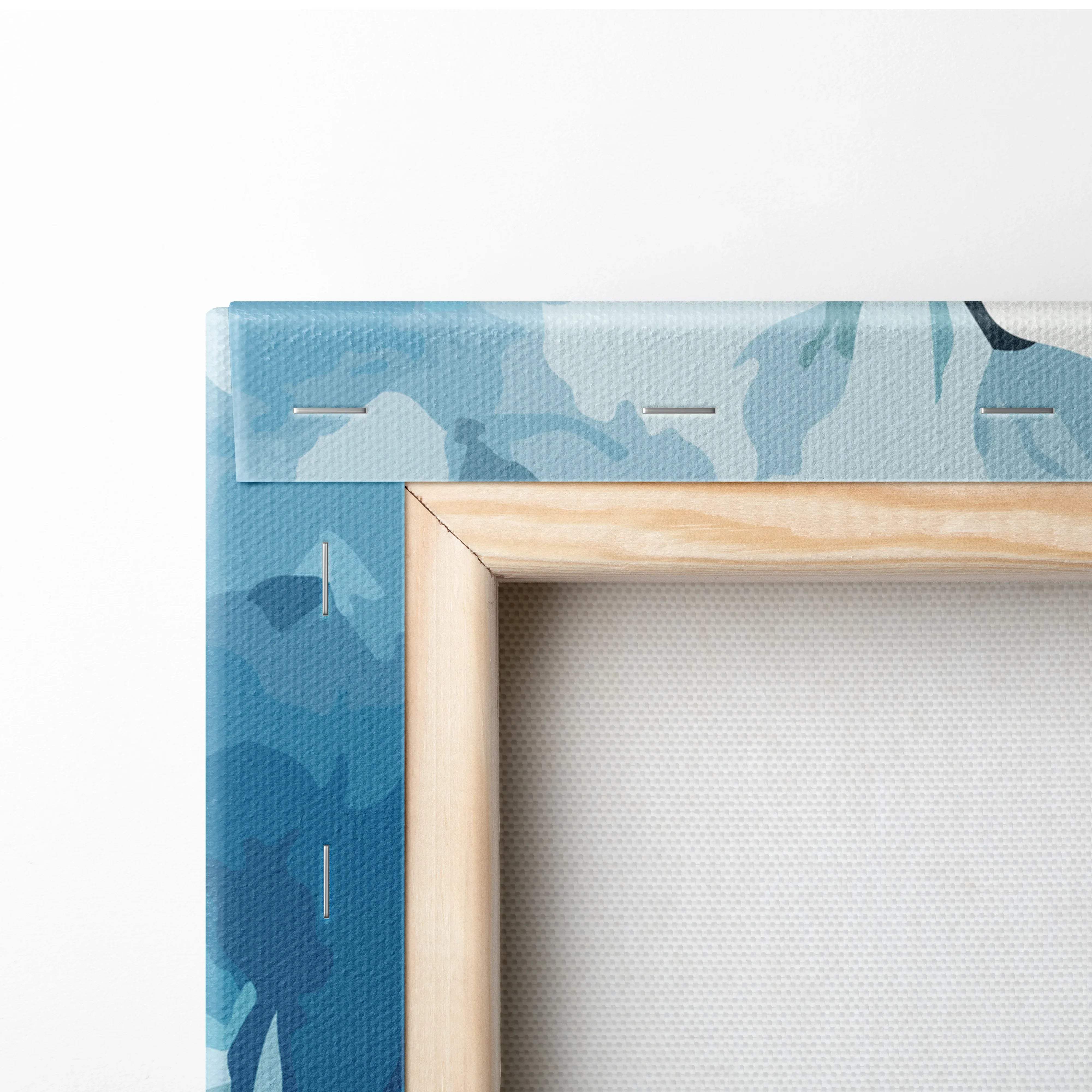 Light wood-framed canvas with teal navy icy blue watercolor floral border