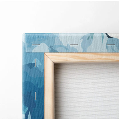 Light wood-framed canvas with teal navy icy blue watercolor floral border