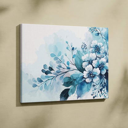 Watercolor floral bouquet canvas wall art in teal navy icy blues