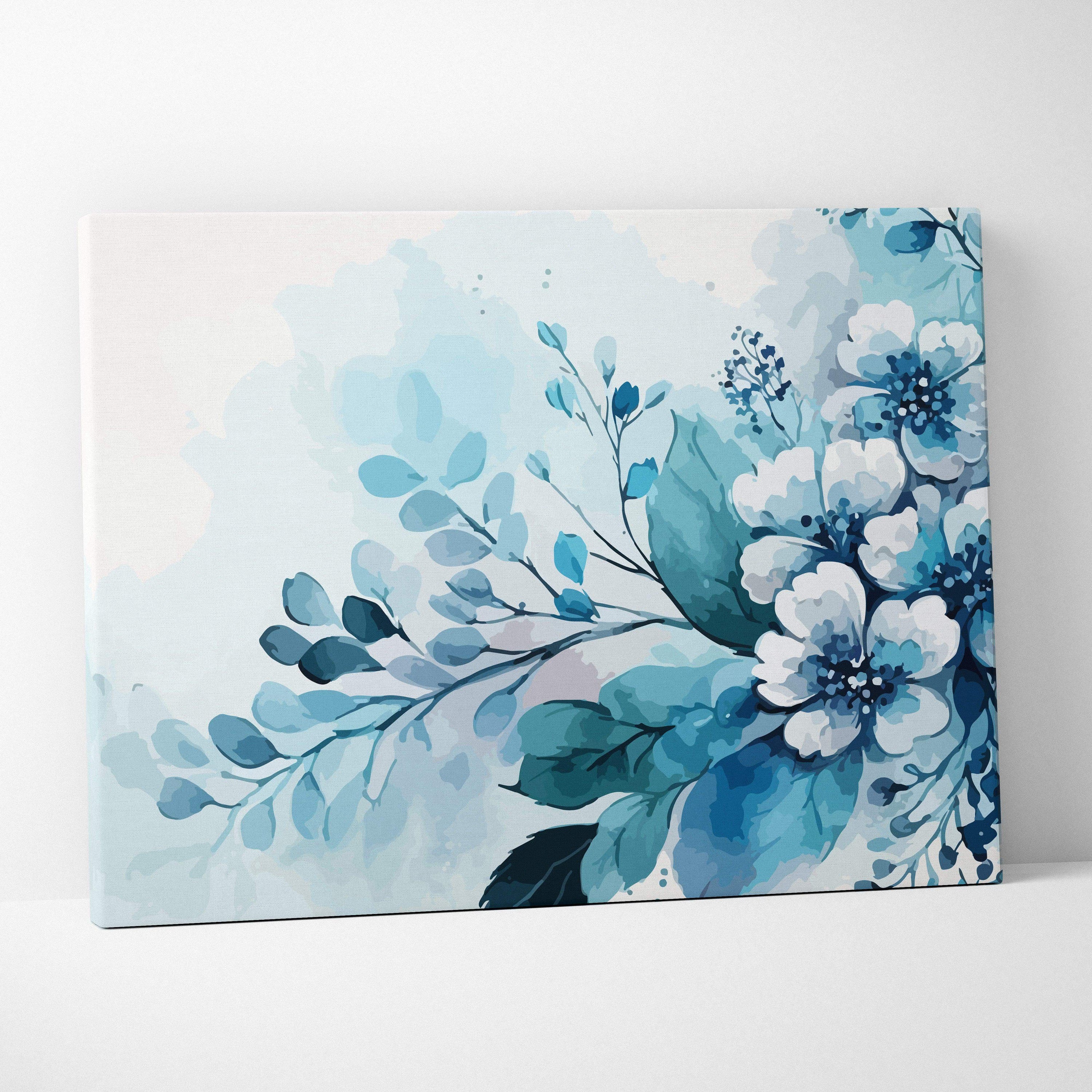 Watercolor floral bouquet canvas wall art in teal navy icy blues