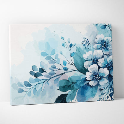 Watercolor floral bouquet canvas wall art in teal navy icy blues