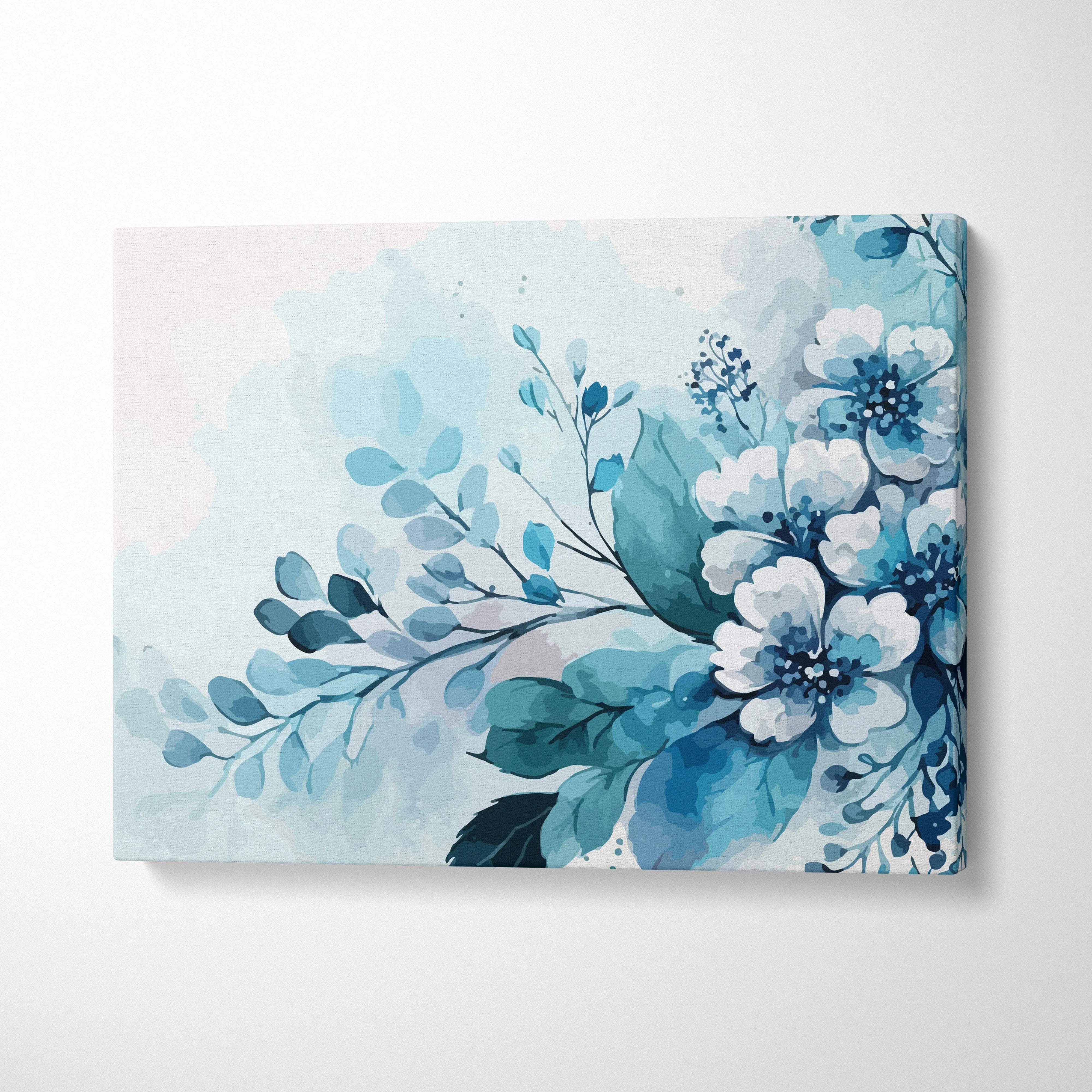 Watercolor floral bouquet canvas wall art in teal navy icy blues