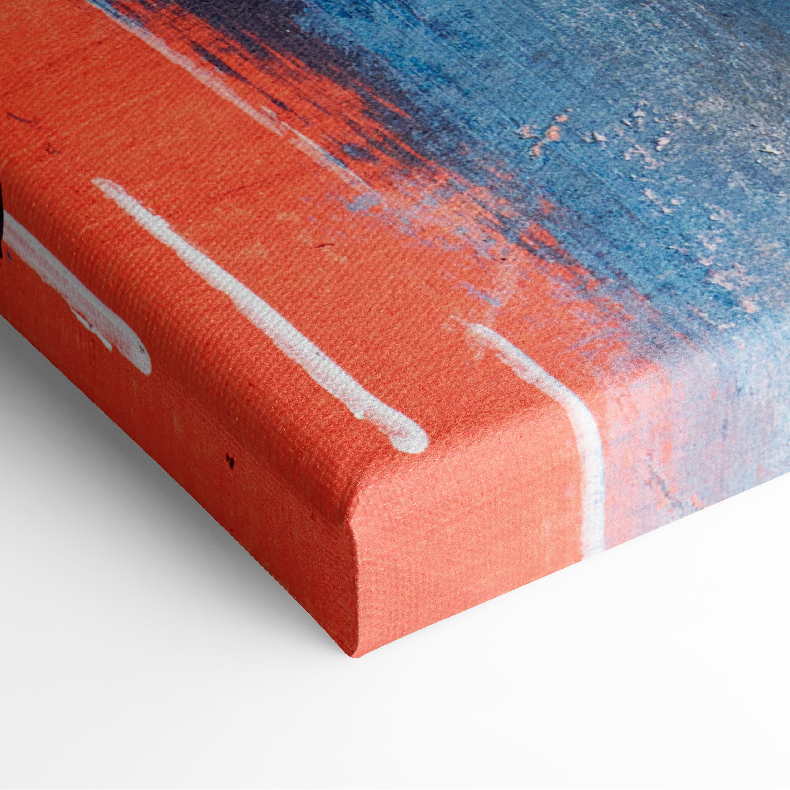 Textured canvas wall art print with bold orange blue abstract brushstrokes and white accents for eclectic living rooms