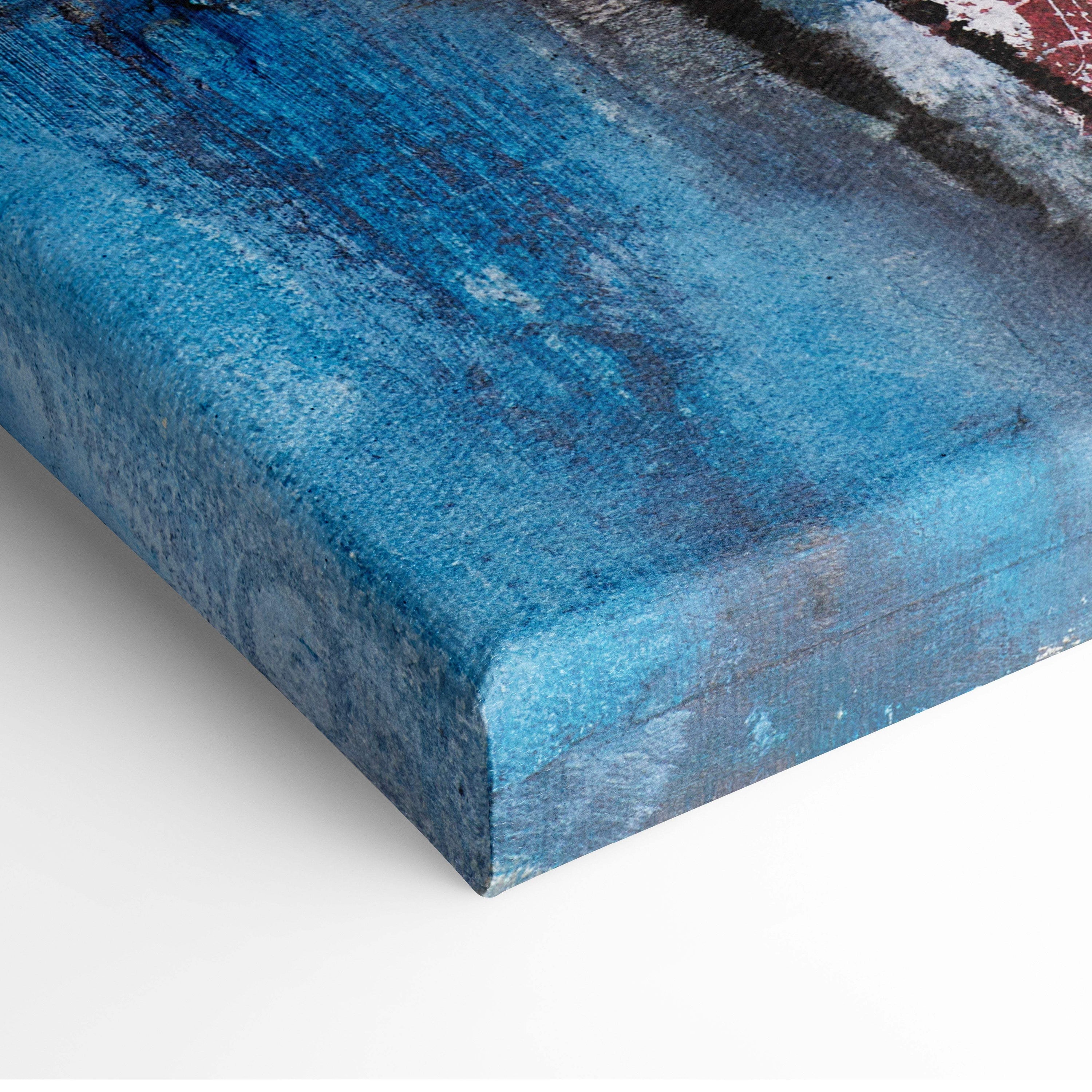 Blue coral abstract canvas wall art with textured layered brushstrokes in a thick gallery wrapped frame for contemporary decor