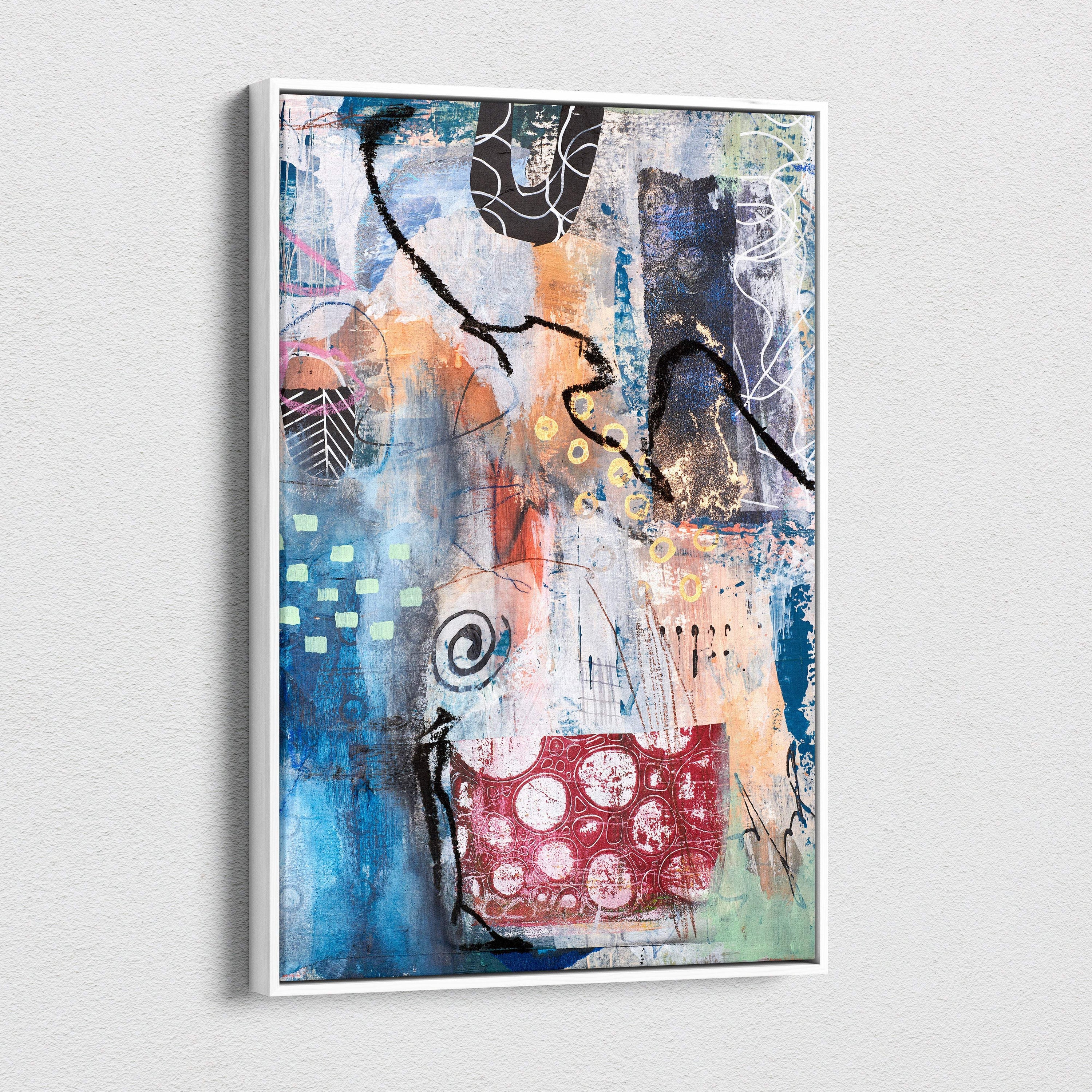 Abstract mixed-media blue coral canvas wall art with layered textures and bold blue red black orange strokes in white frame