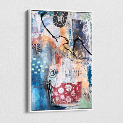 Abstract mixed-media blue coral canvas wall art with layered textures and bold blue red black orange strokes in white frame
