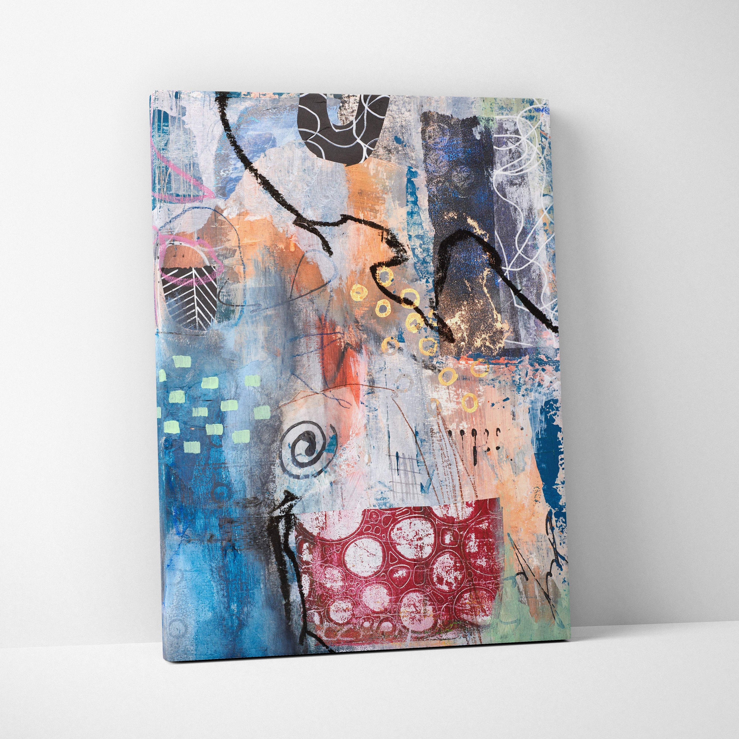 Abstract mixed-media canvas painting in blues orange red black white and gold with bold strokes for modern urban decor