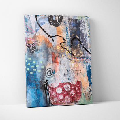 Abstract mixed-media canvas painting in blues orange red black white and gold with bold strokes for modern urban decor