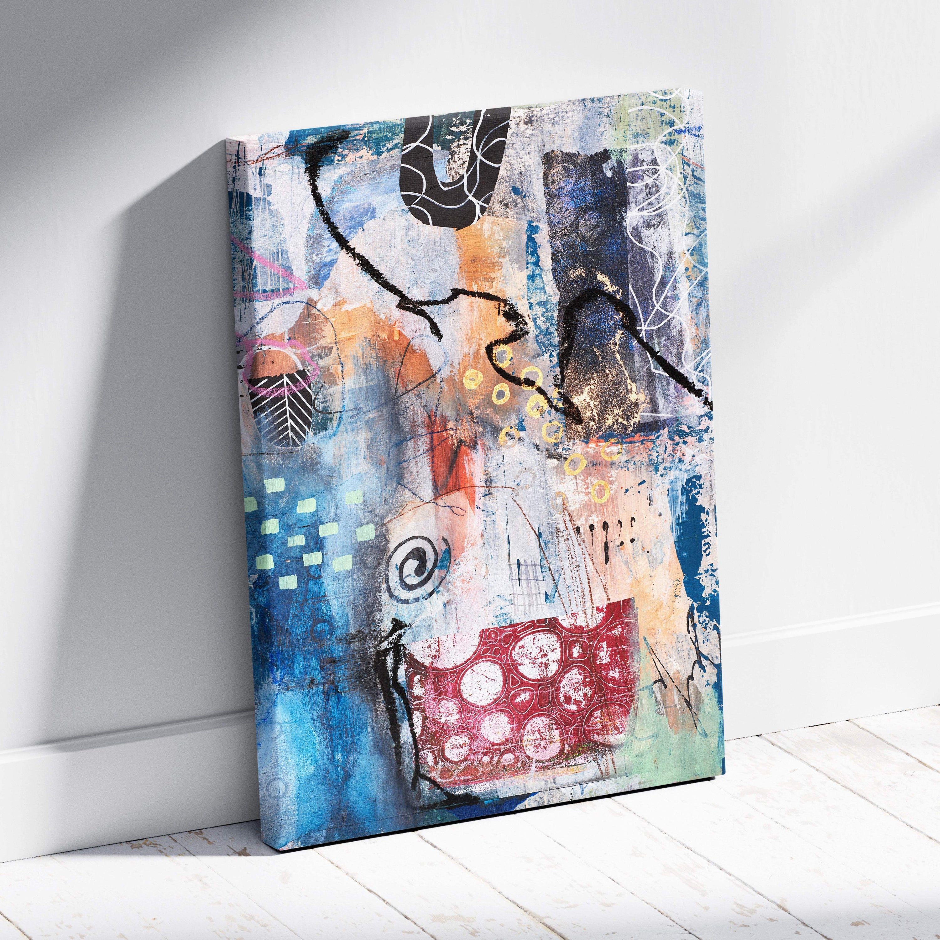 Abstract mixed media canvas wall art with bold blue red and black geometric shapes for modern urban decor