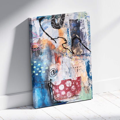Abstract mixed media canvas wall art with bold blue red and black geometric shapes for modern urban decor