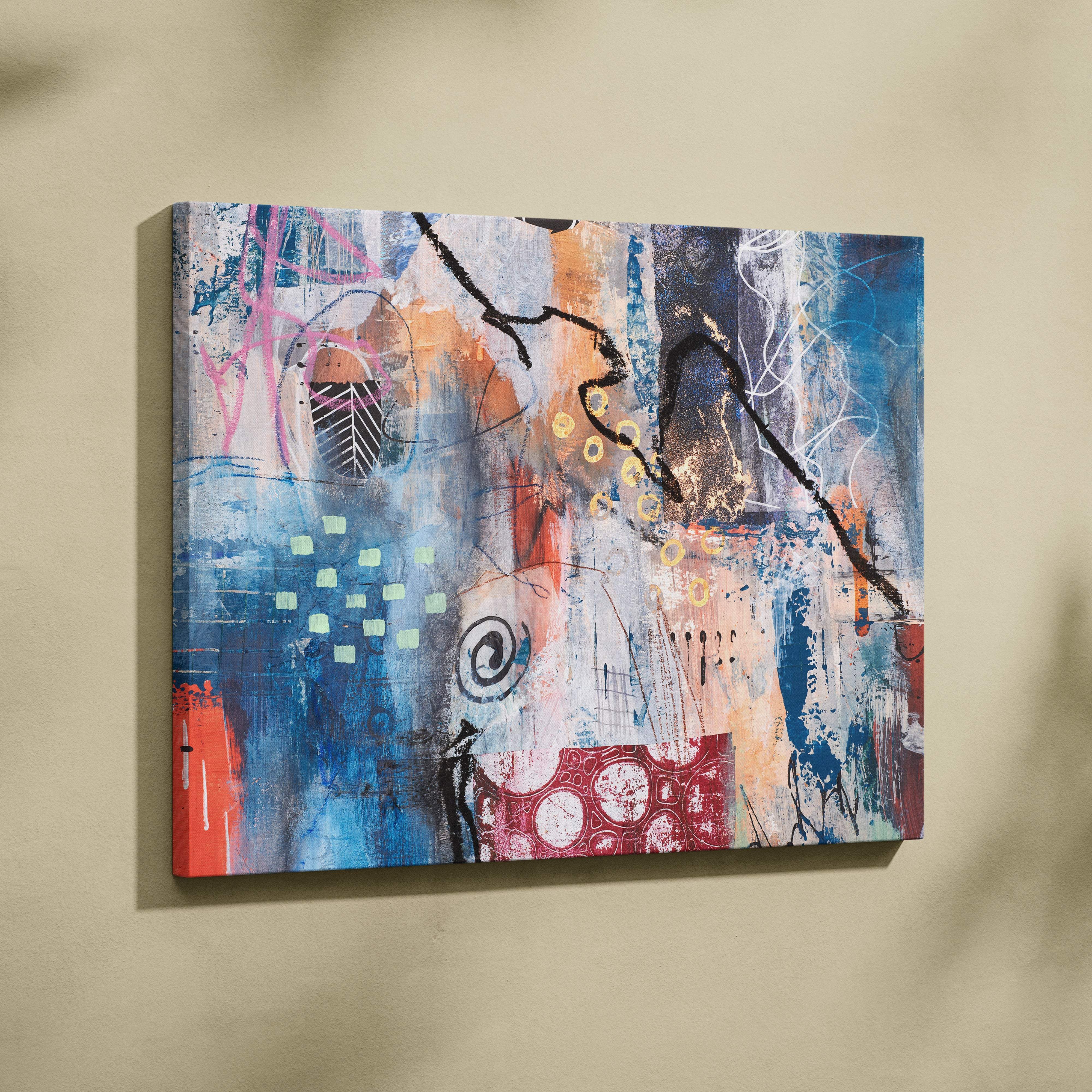 Blue abstract graffiti canvas wall art print with bold blue red black strokes and gold accents for eclectic living room decor