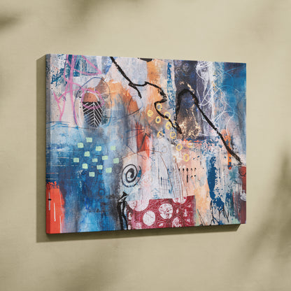 Blue abstract graffiti canvas wall art print with bold blue red black strokes and gold accents for eclectic living room decor