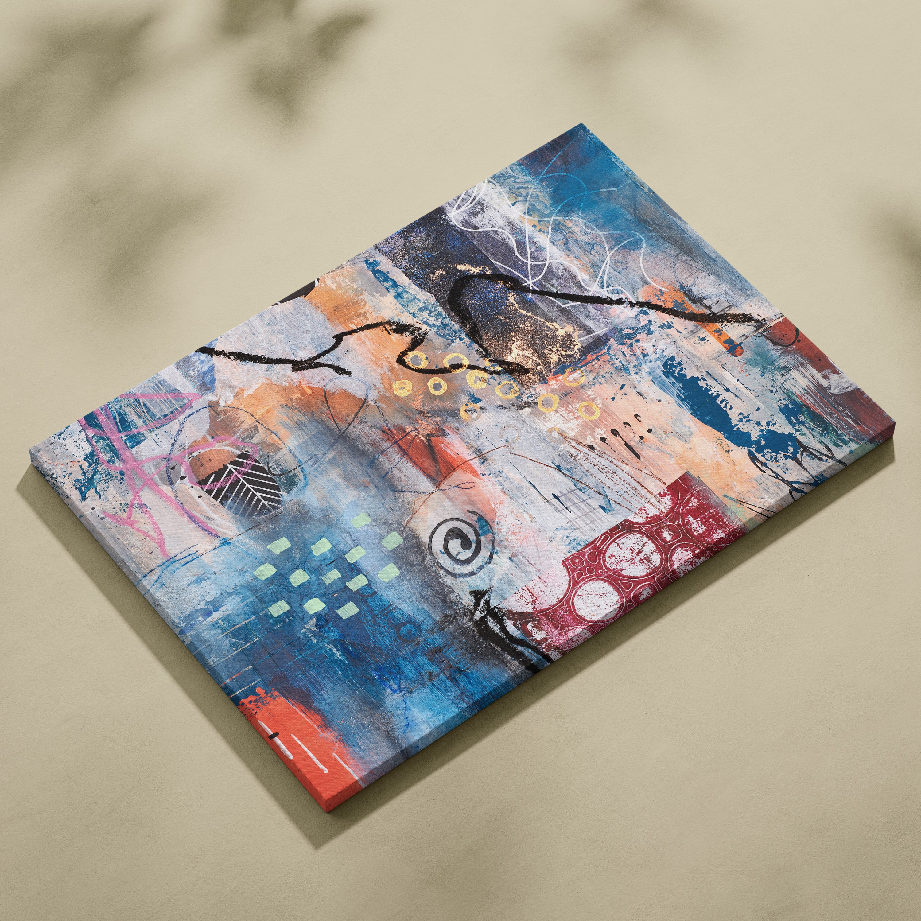 Blue abstract graffiti canvas wall art print with bold blue orange red brushstrokes black lines and gold accents for eclectic decor