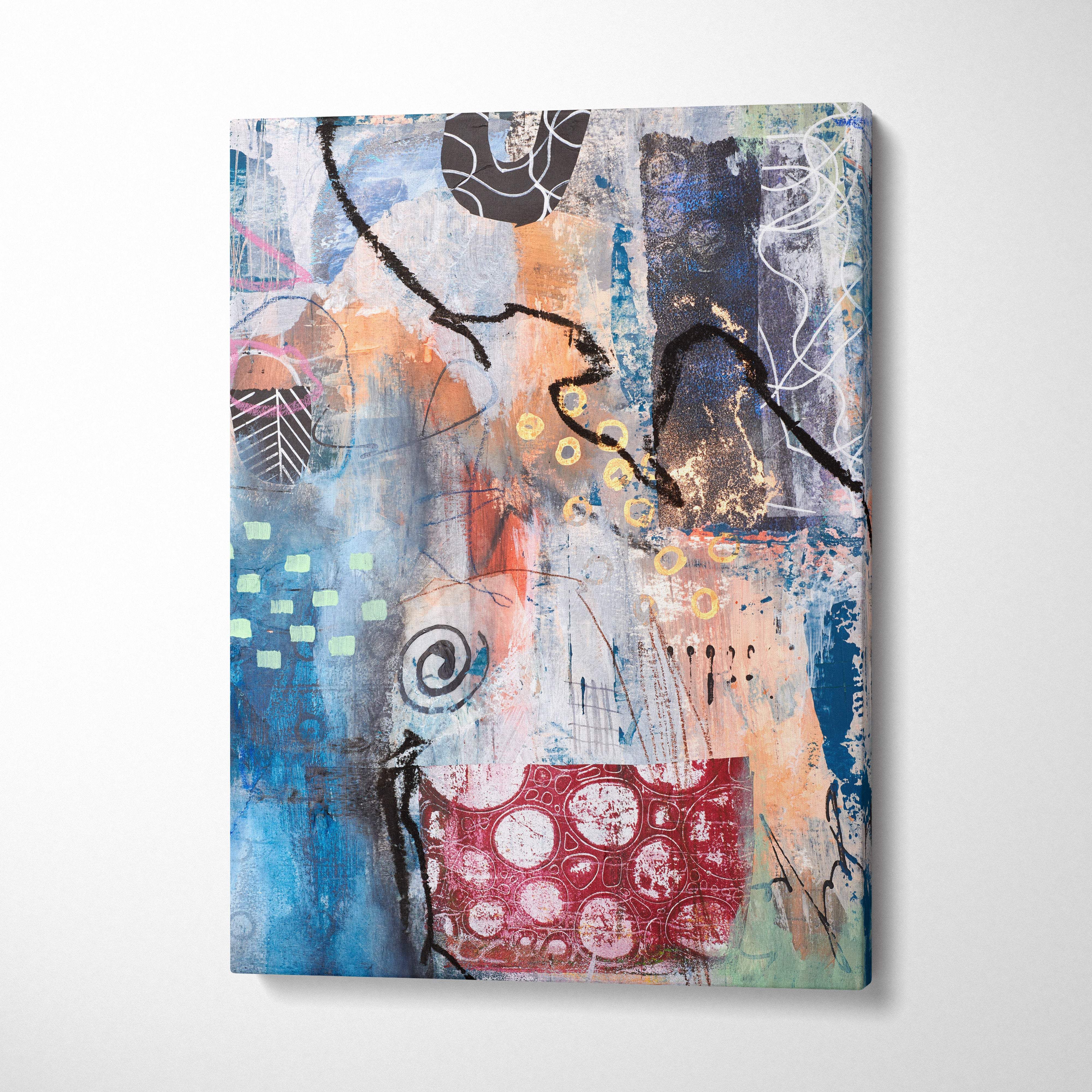Blue coral abstract canvas wall art painting with layered textures and bold blue red black and gold strokes for modern decor