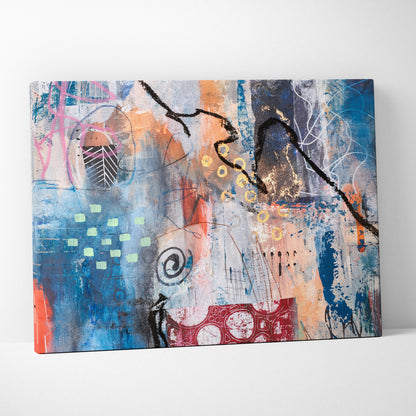 Abstract canvas wall art print with bold blue orange red strokes black lines and gold accents for eclectic living room decor