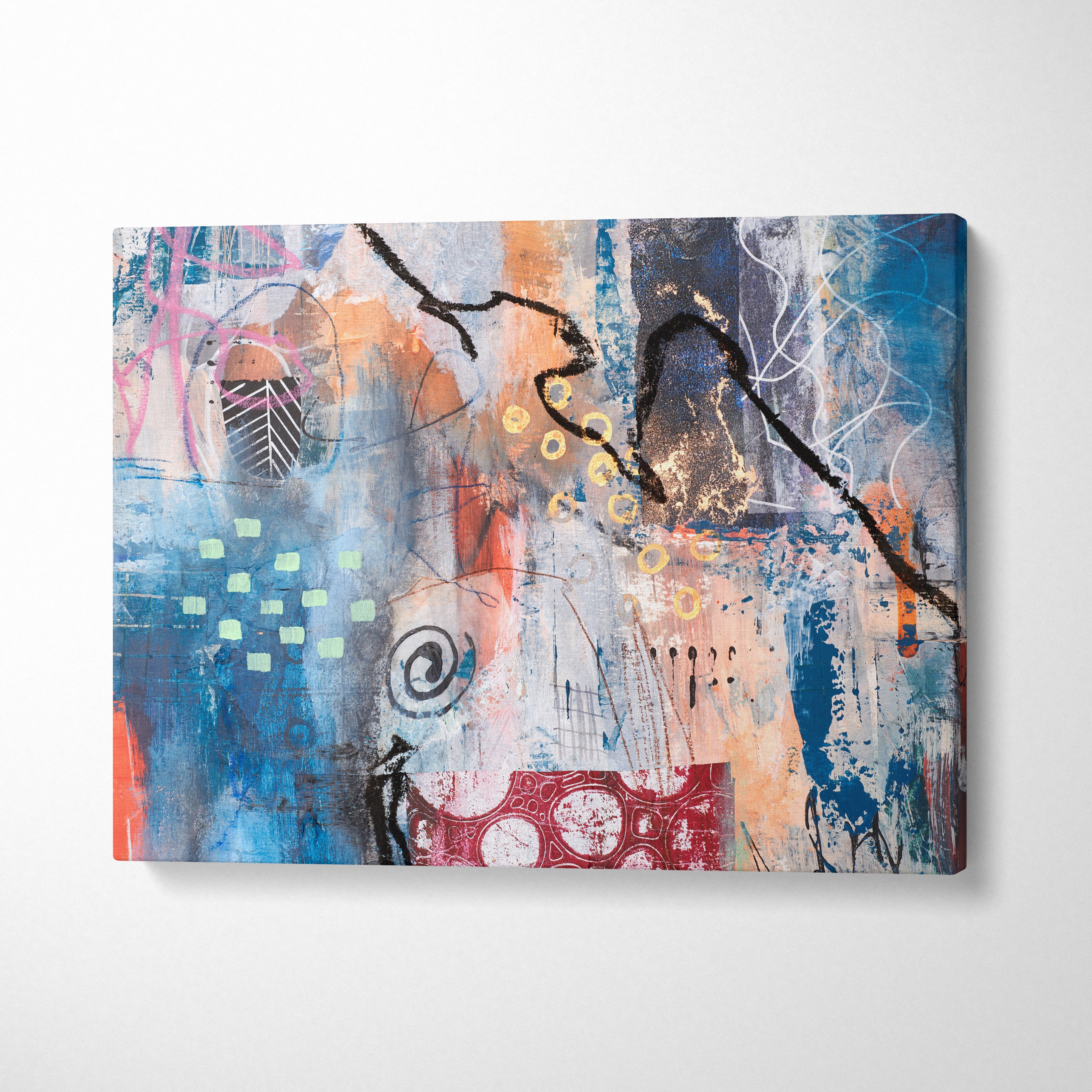 Abstract canvas painting with layered brushstrokes in blues, oranges, reds, black, white, and gold for eclectic decor