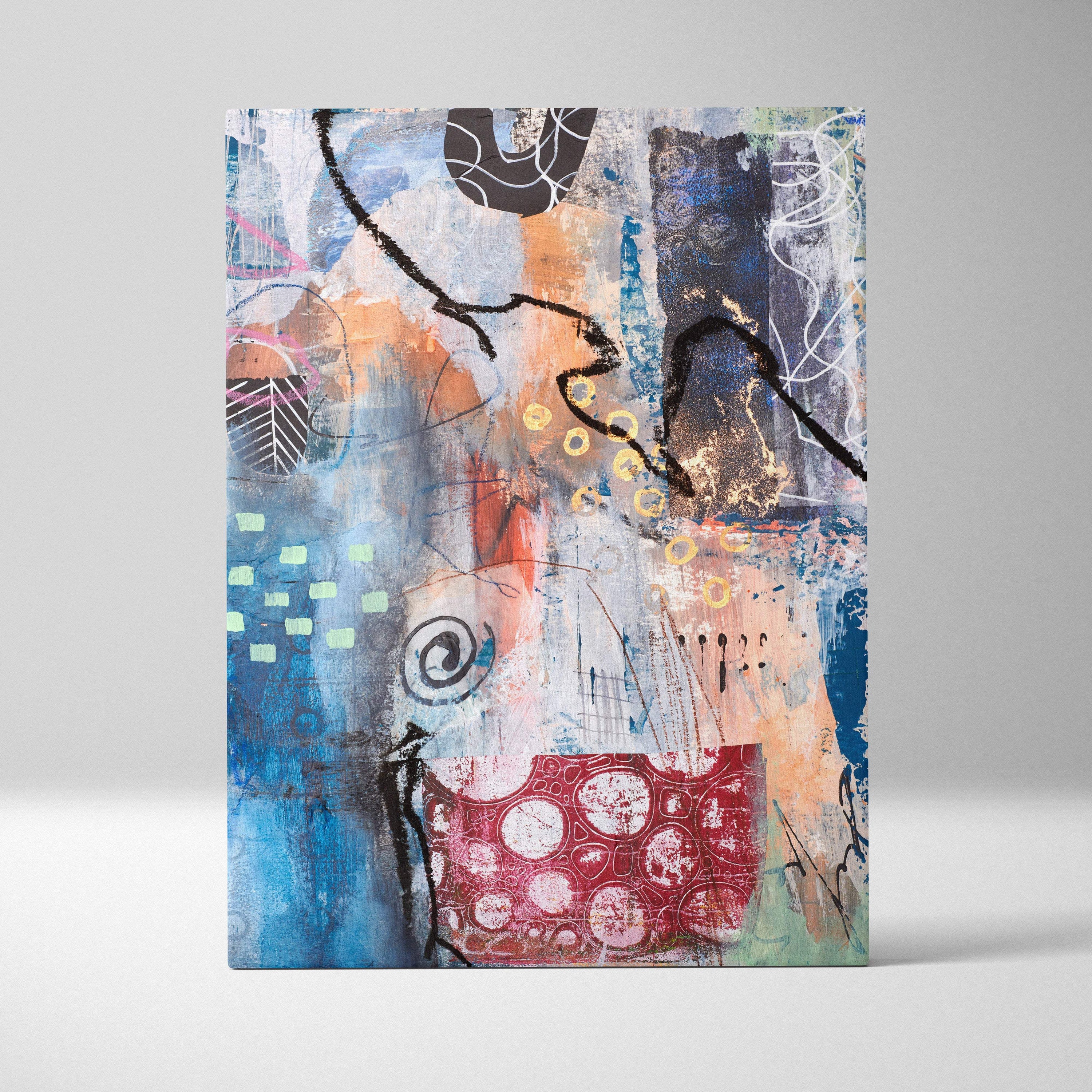 Abstract canvas wall art featuring layered textures and bold strokes in blues, oranges, reds, black, white, and gold for modern decor