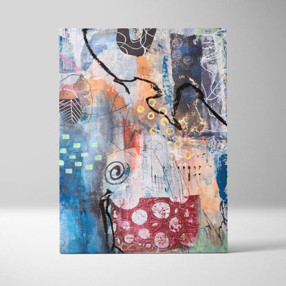 Abstract canvas wall art featuring layered textures and bold strokes in blues, oranges, reds, black, white, and gold for modern decor