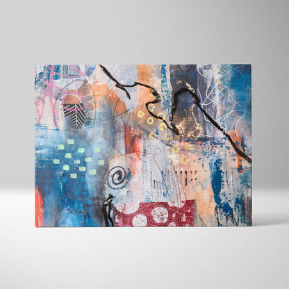Blue abstract graffiti canvas wall art print with layered brushstrokes in blue orange red black white and gold for eclectic decor