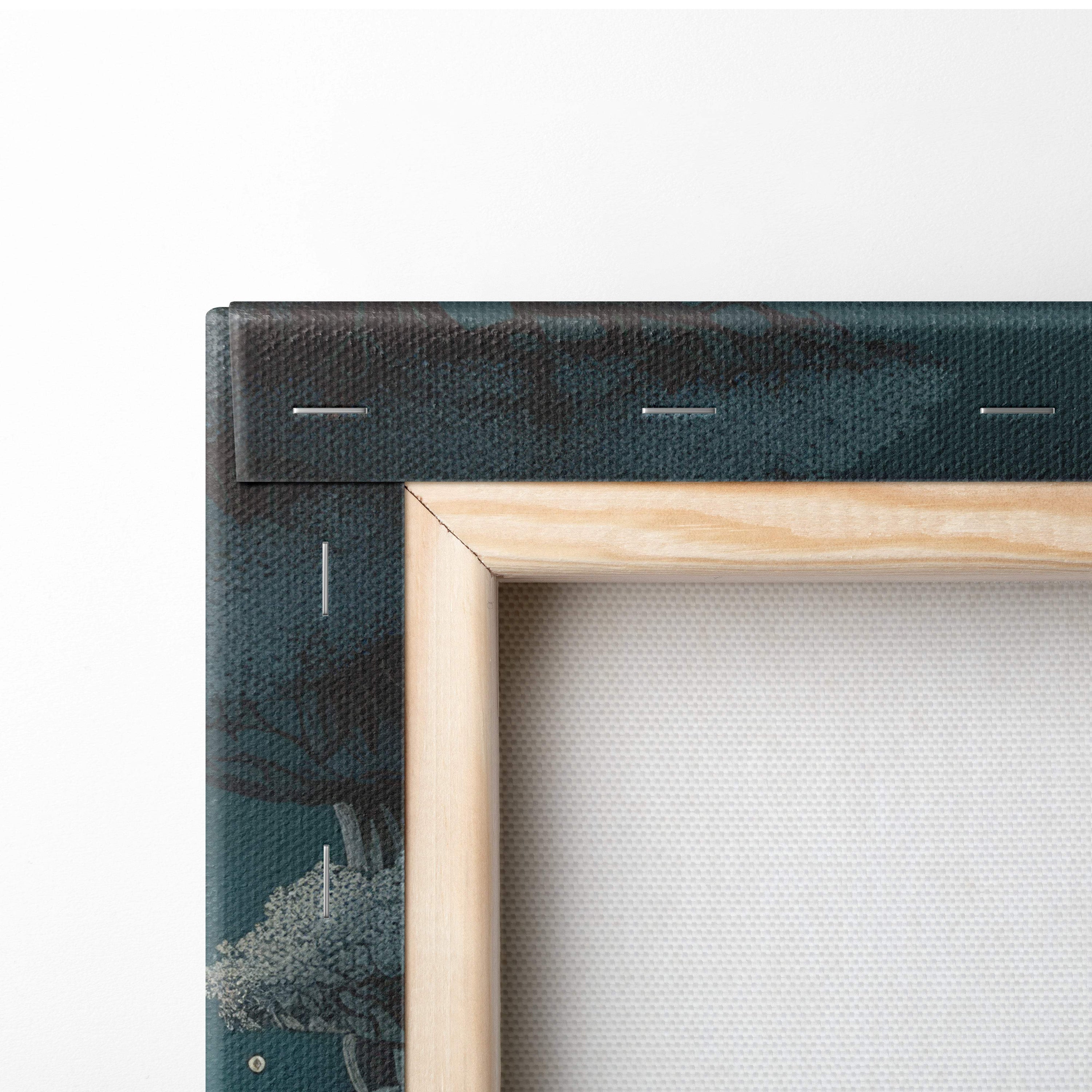 Light wooden frame with dark teal canvas and stitched edges featuring moonlit celestial dragon wall art print