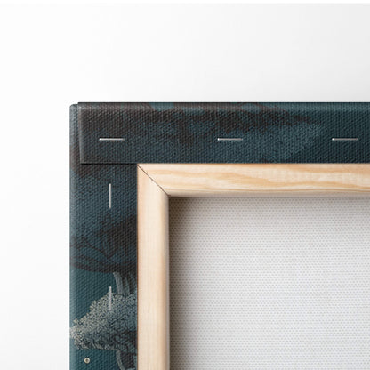 Light wooden frame with dark teal canvas and stitched edges featuring moonlit celestial dragon wall art print