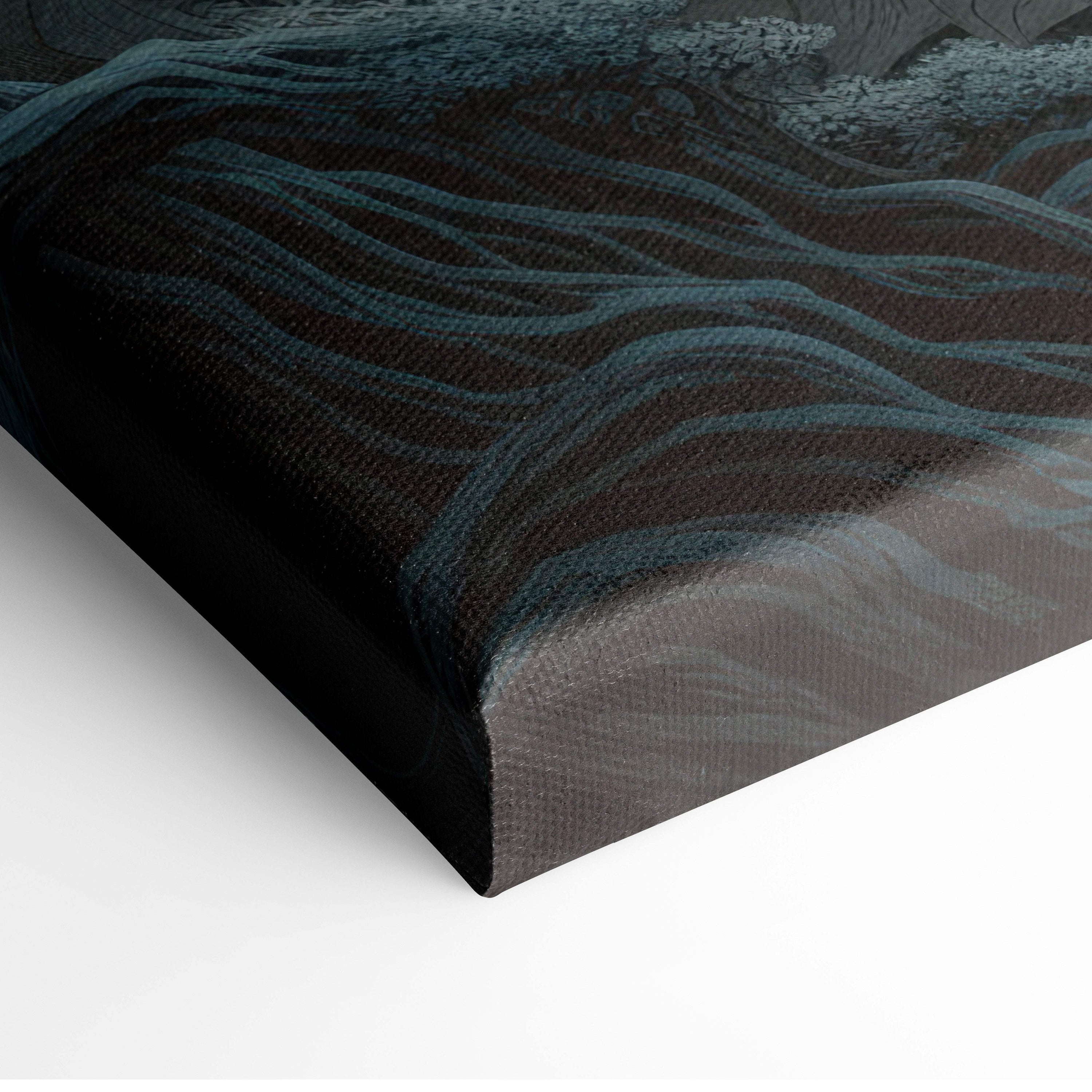 Moonlit Celestial Dragon canvas wall art with textured dark teal and black abstract wave design inspired by Asian mythology
