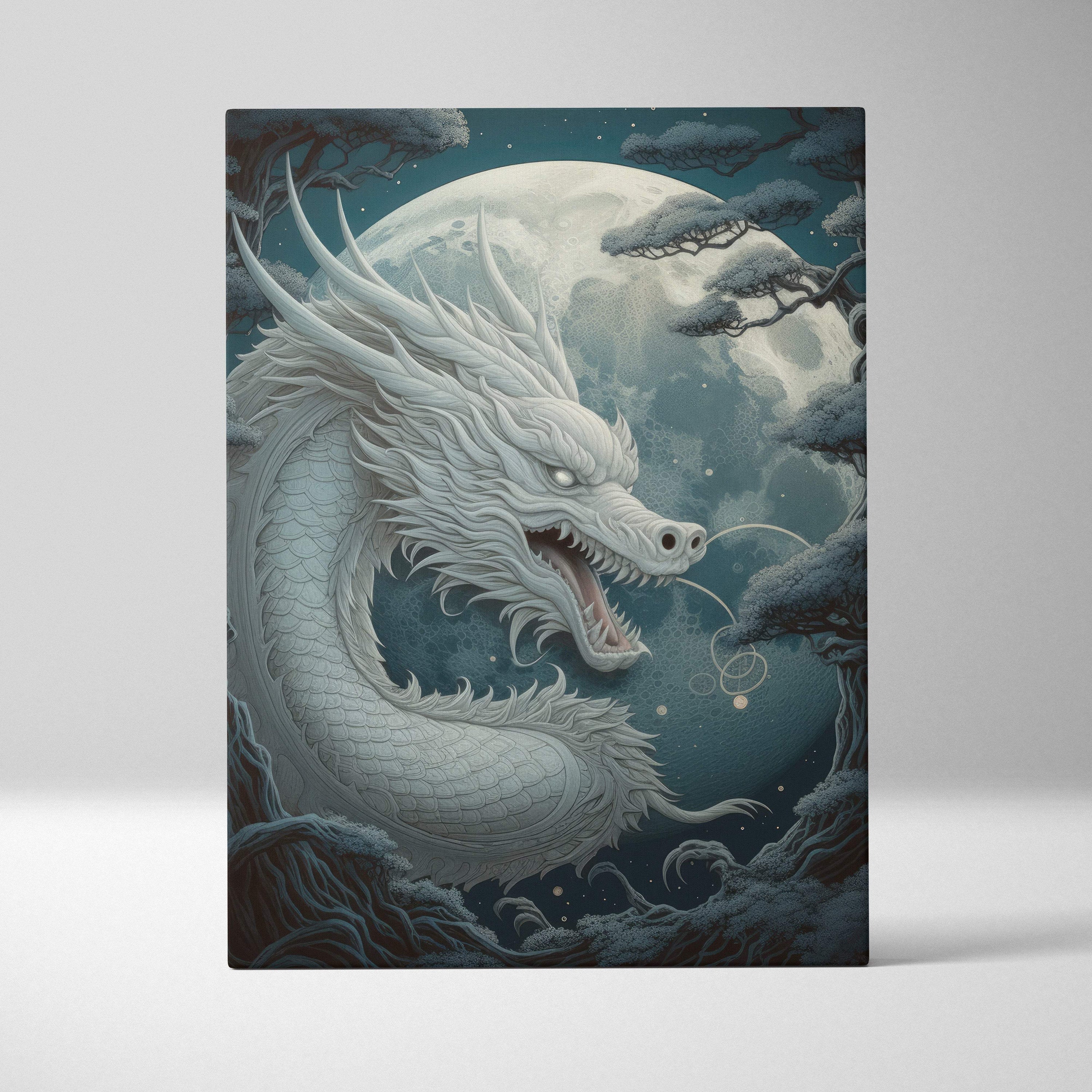 A detailed white dragon illustration on a rectangular canvas with a full moon and snow dusted trees in a dark teal sky