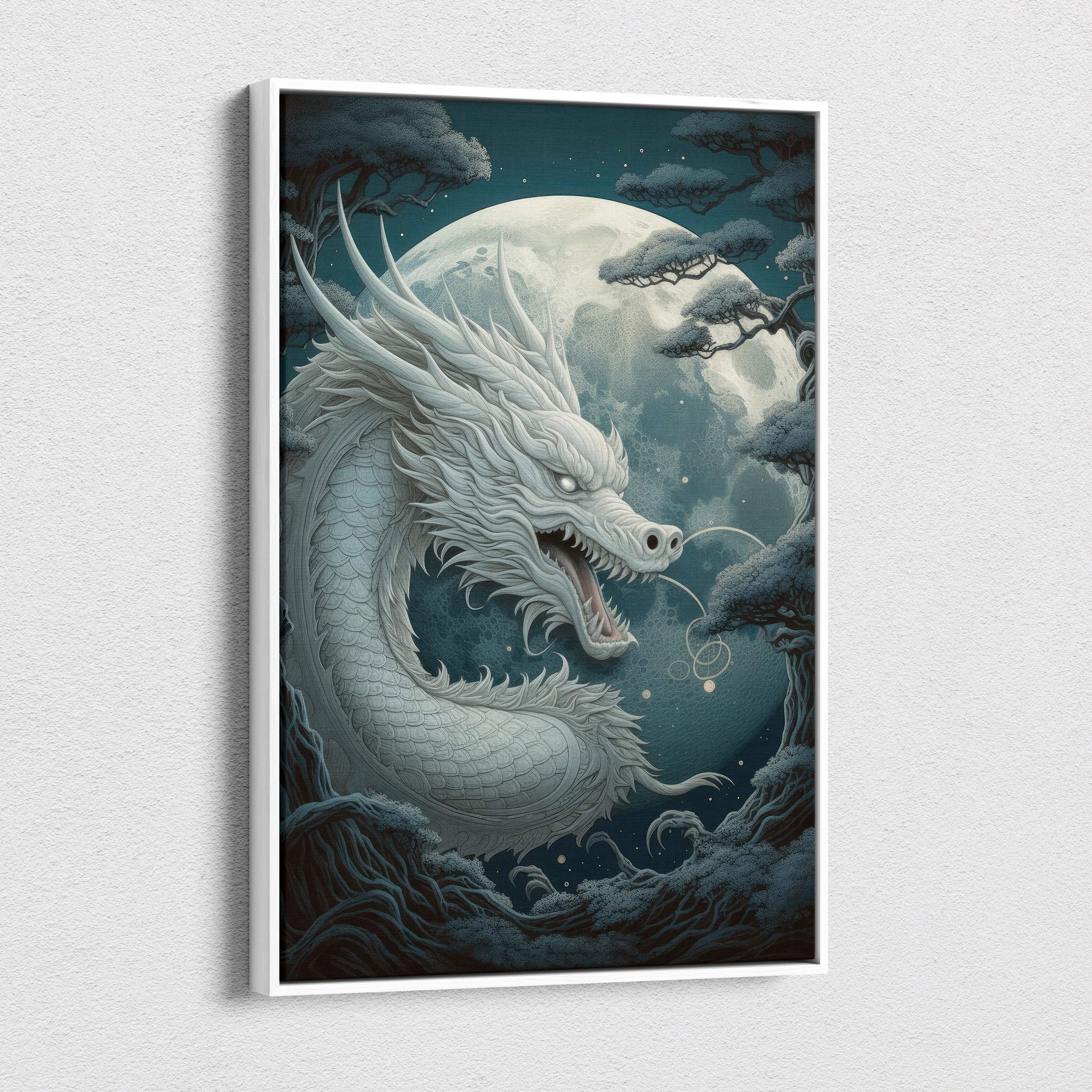 A framed moonlit celestial dragon canvas wall art showing a majestic white serpent with a full moon and pine trees