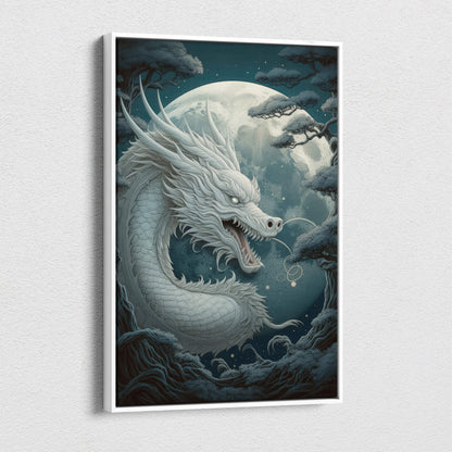 A framed moonlit celestial dragon canvas wall art showing a majestic white serpent with a full moon and pine trees