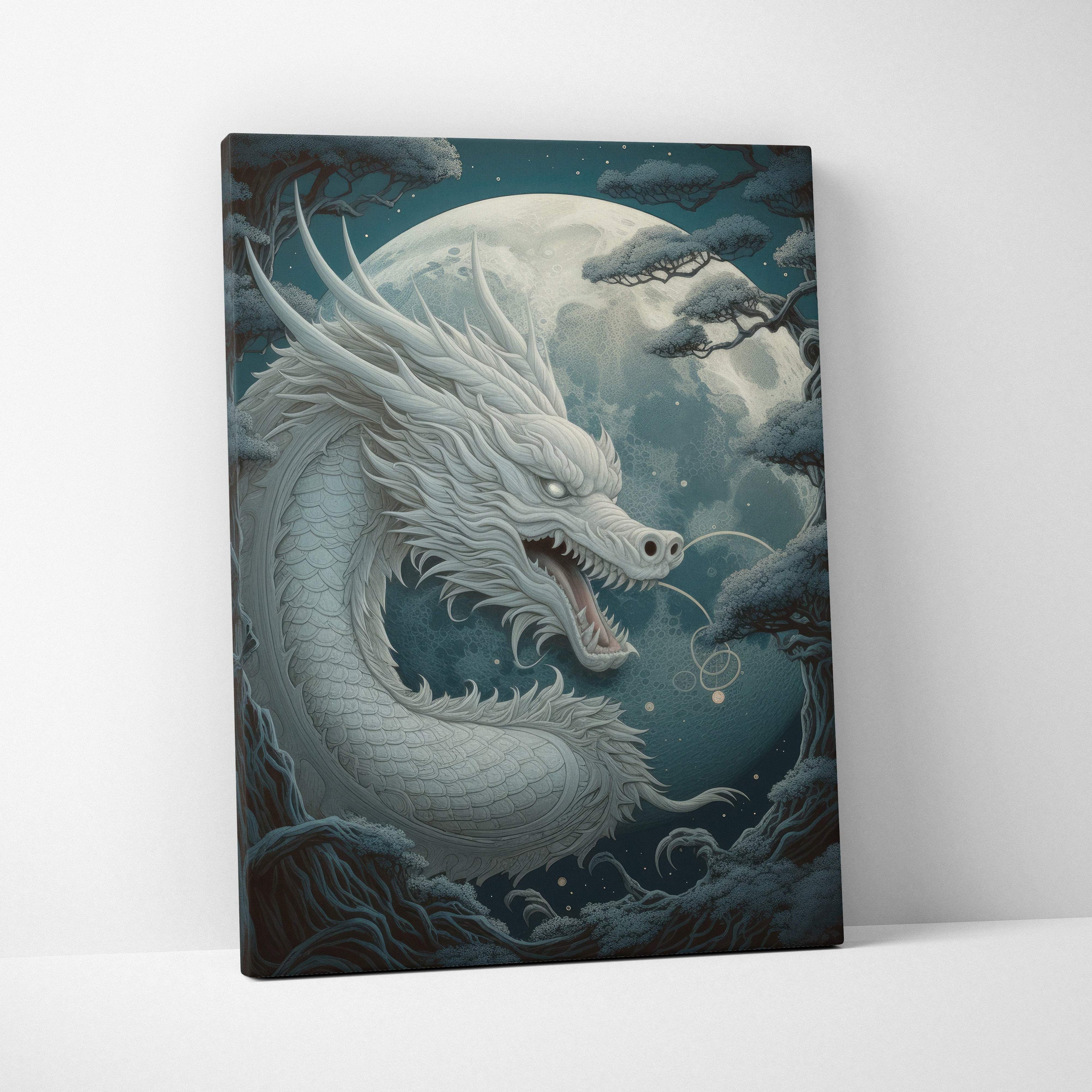 Moonlit celestial dragon canvas wall art featuring an ethereal white serpent with intricate scales against pine trees