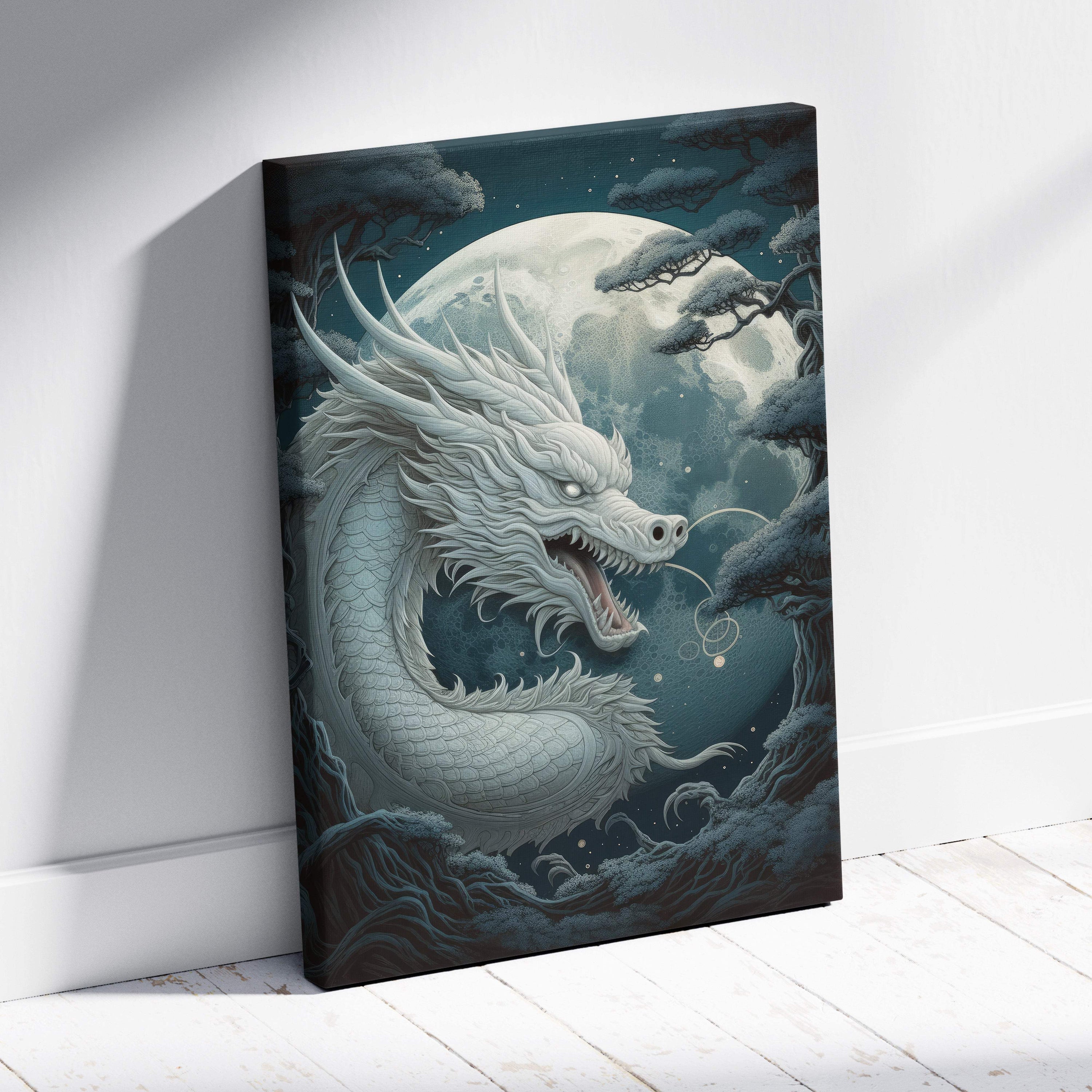 Moonlit celestial dragon canvas wall art featuring an ethereal white serpent with intricate scales against a full moon night sky