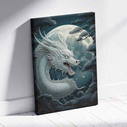 Moonlit celestial dragon canvas wall art featuring an ethereal white serpent with intricate scales against a full moon night sky