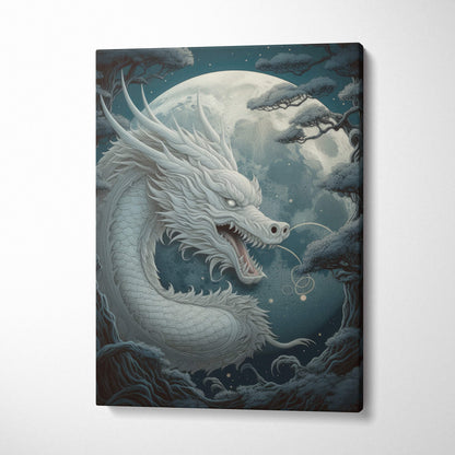 Moonlit celestial dragon canvas wall art features a white dragon with intricate scales coiled around a full moon on framed artwork
