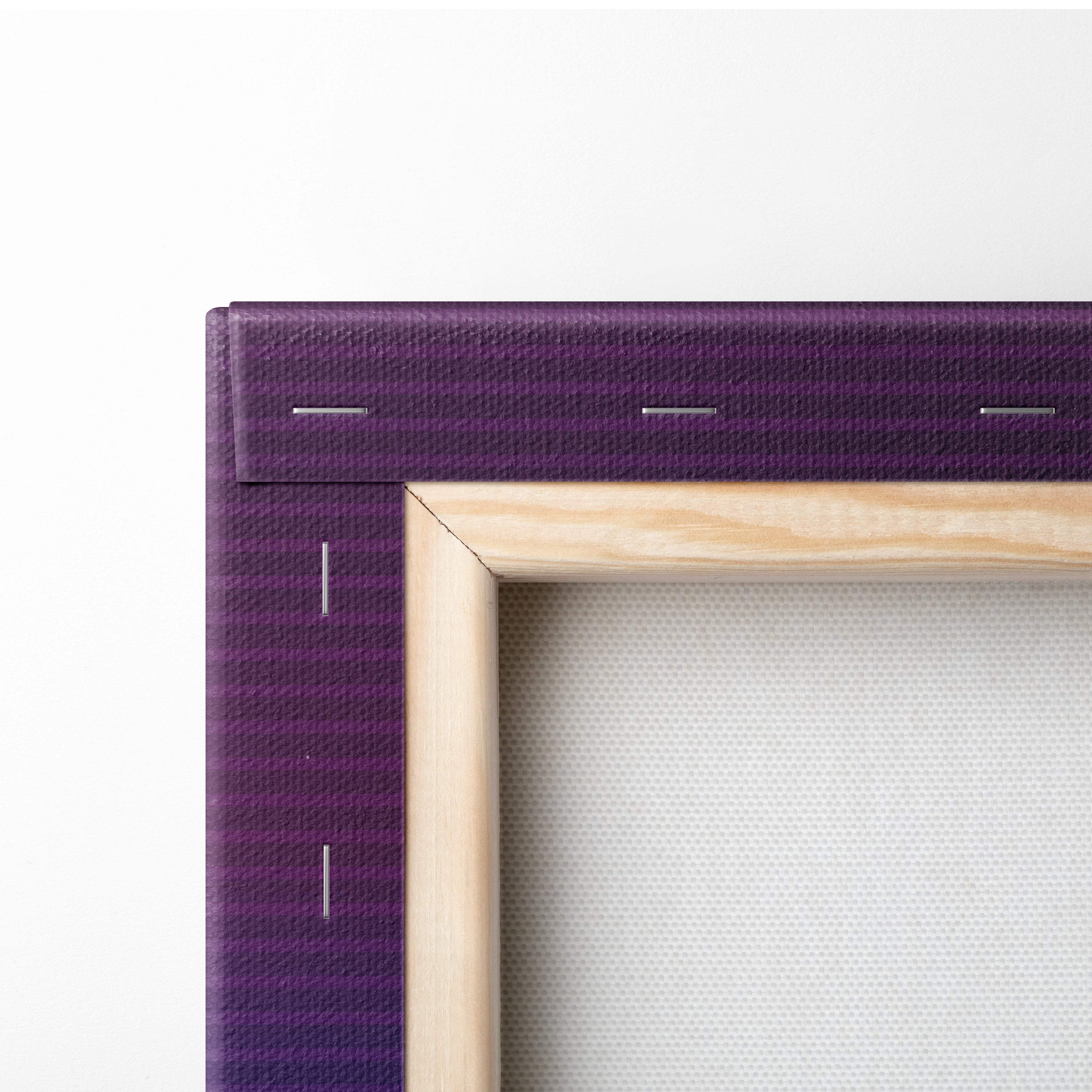 Purple textured canvas frame with light wood border retrowave neon mountain grid synthwave wall decor