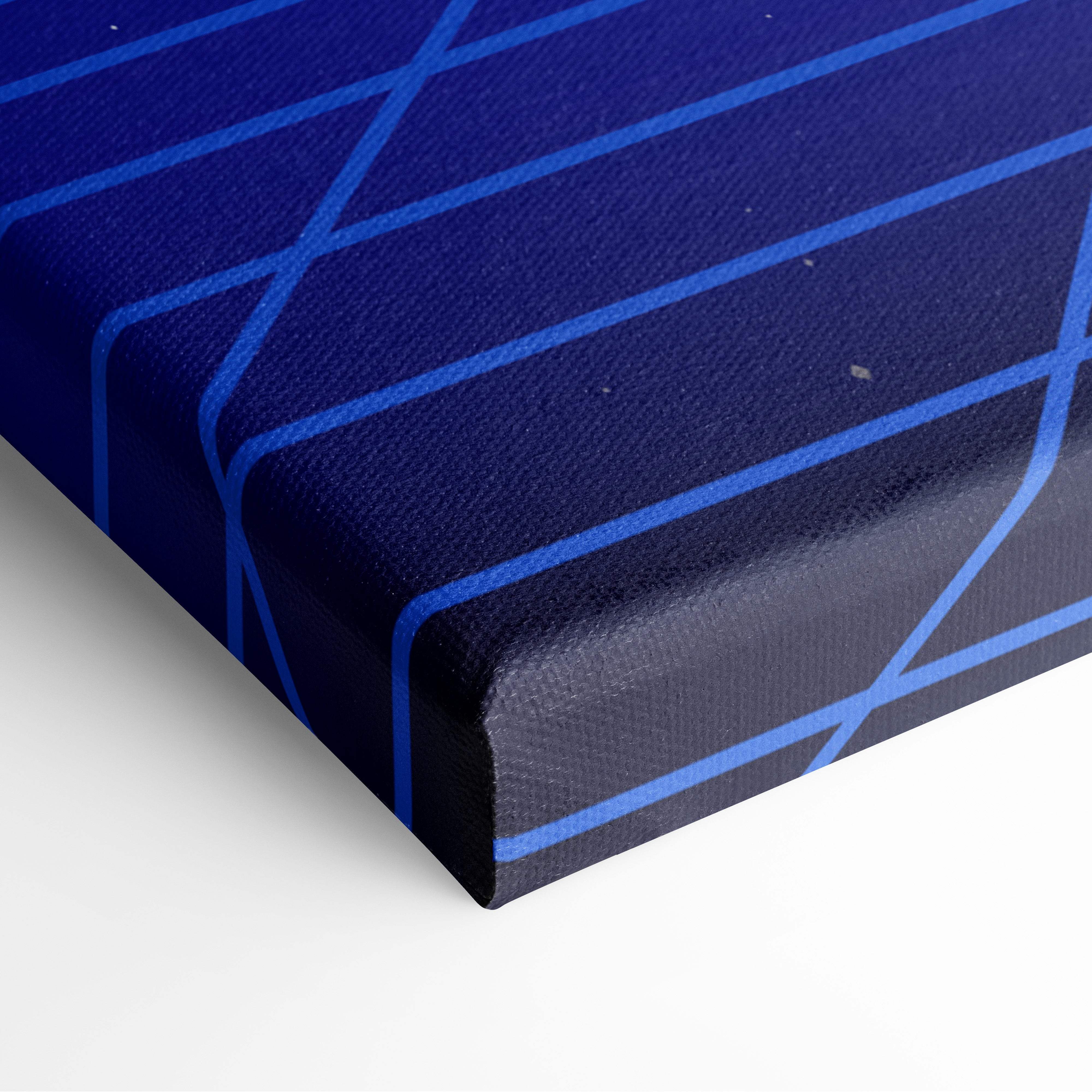 Retrowave neon mountain grid canvas art print featuring deep blue fabric with intersecting lighter blue geometric lines