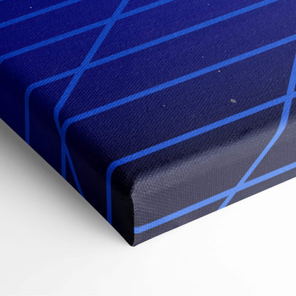 Retrowave neon mountain grid canvas art print featuring deep blue fabric with intersecting lighter blue geometric lines