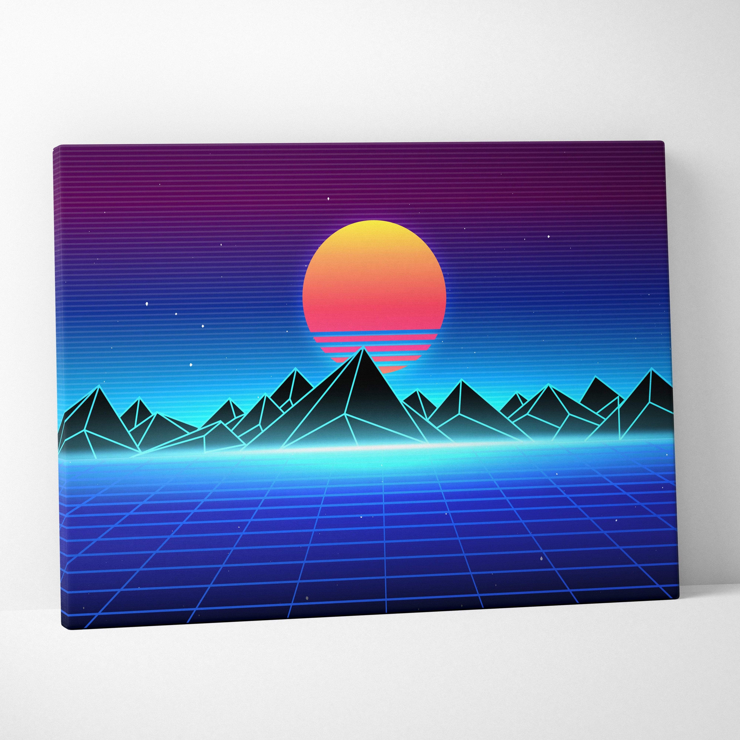 Vibrant retro-futuristic retrowave neon mountain grid canvas art print with glowing orange sun and purple-blue vaporwave sky