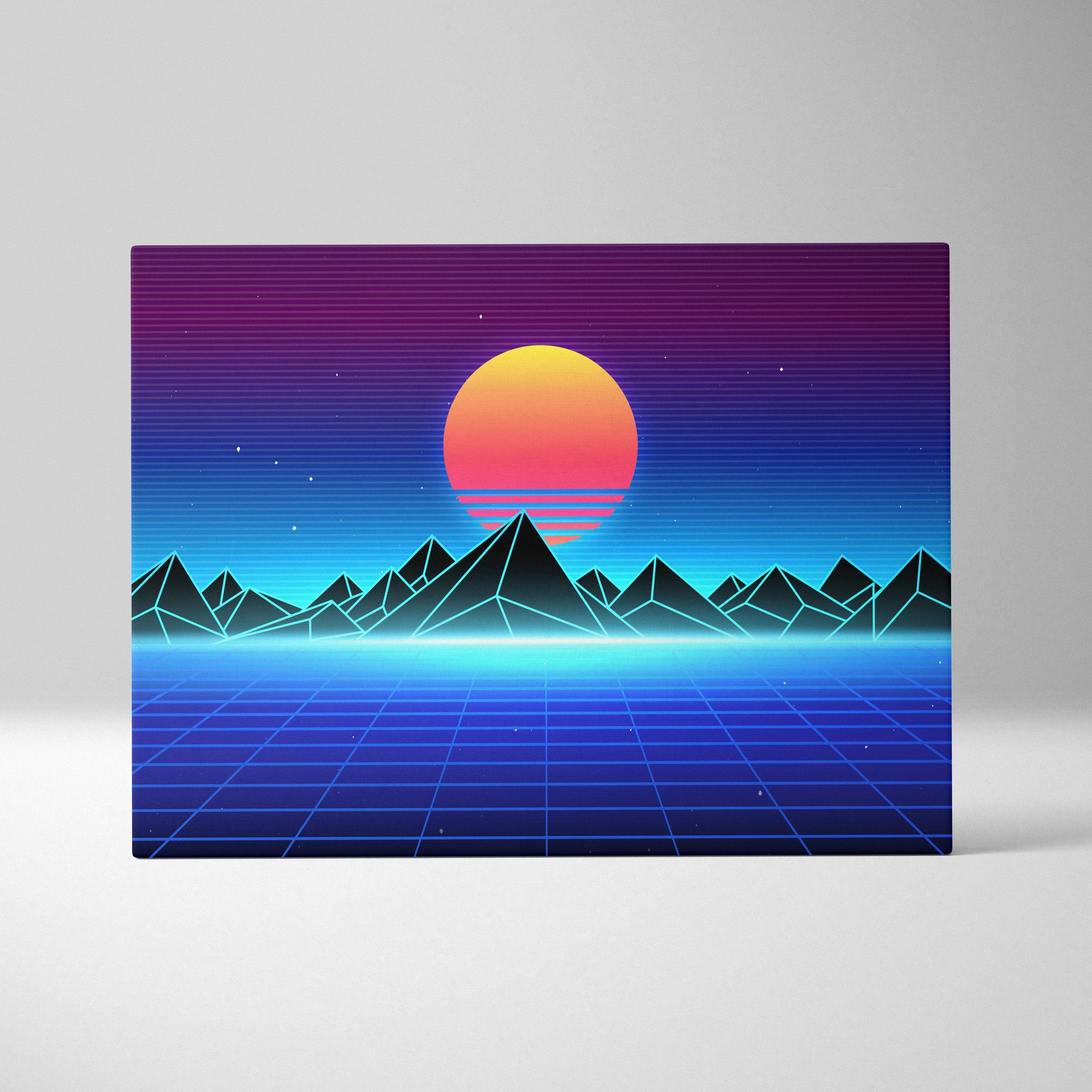Vibrant retro-futuristic canvas art print featuring a glowing orange sun over geometric mountains with a neon grid horizon