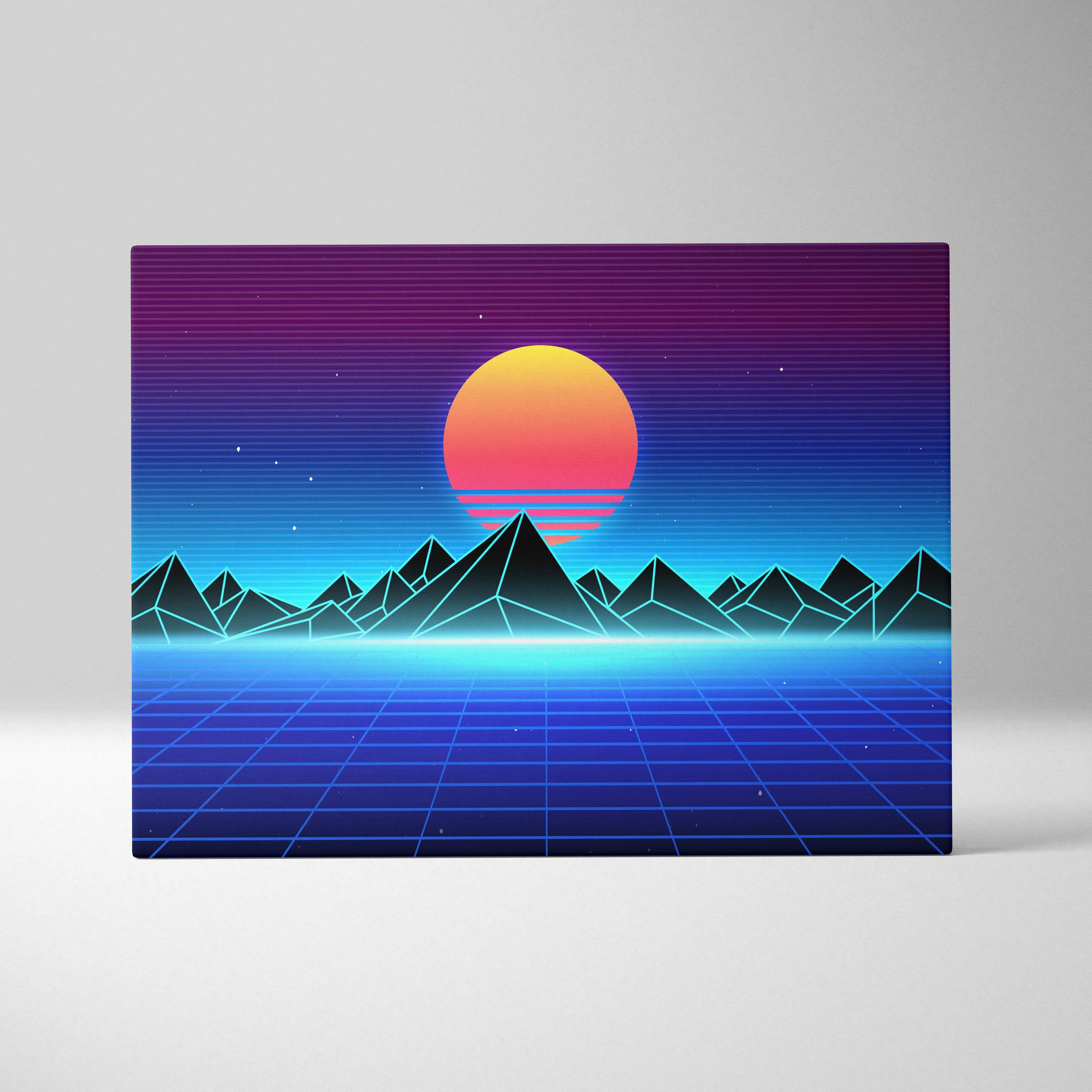 Vibrant retro-futuristic canvas art print featuring a glowing orange sun over geometric mountains with a neon grid horizon