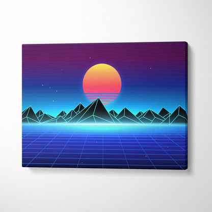 Vibrant retrowave neon mountain grid canvas art print with glowing orange sun and purple blue vaporwave landscape