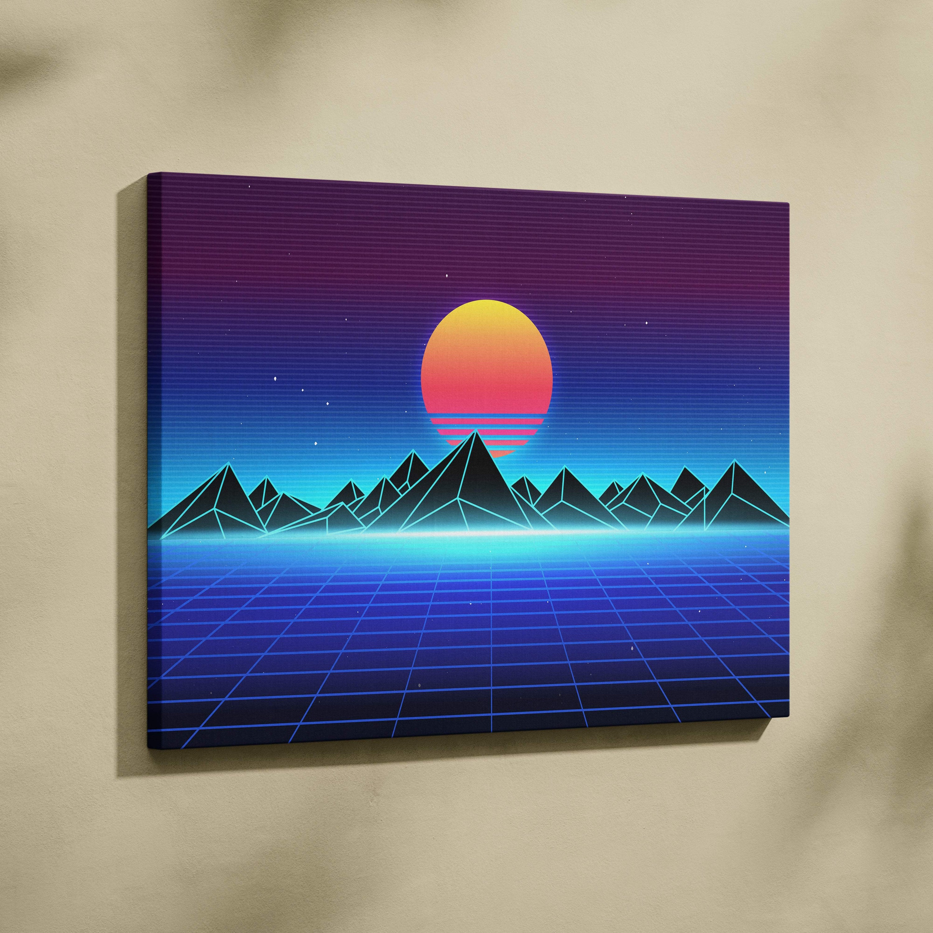 Vibrant retrowave neon mountain grid canvas art print with glowing orange sun over geometric mountains and purple blue sky